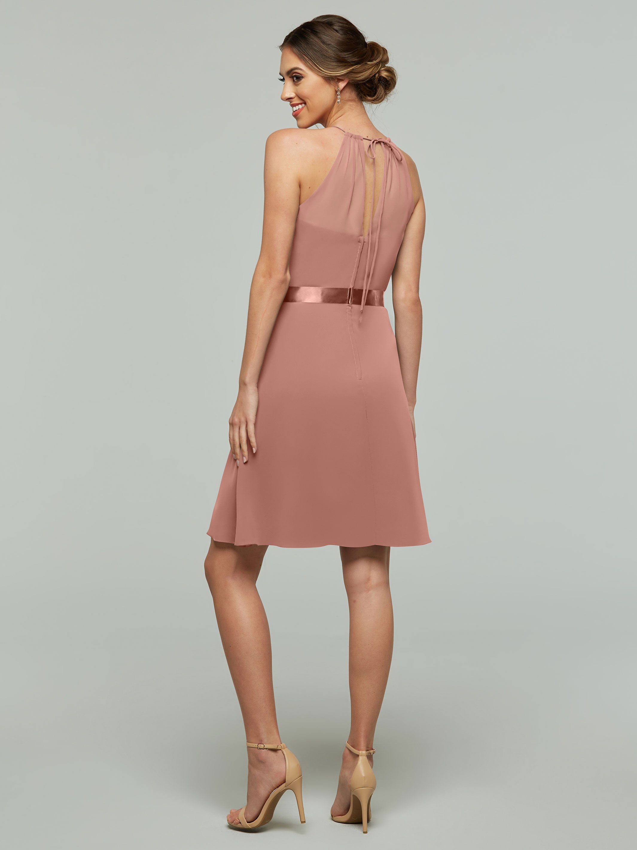 Elegant 80042 Knee-Length Chiffon Bridesmaid Dress with Halter Neckline & Keyhole Back - Perfect for Weddings, Parties & Formal Events