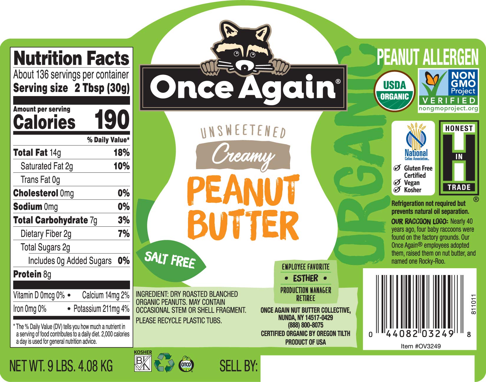 Once Again Organic Creamy Peanut Butter, 9lbs Bulk Jar (Equivalent to 9 Individual Jars) - No Salt Added, Unsweetened, USDA Organic Certified, Gluten Free, Vegan & Kosher - Perfect for Smoothies, Baking & Healthy Snacks