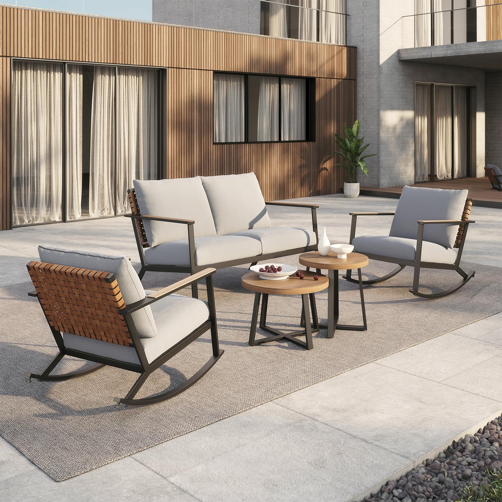 Premium 5-Piece Outdoor Rocking Chair Set - Patio Conversation Furniture with Loveseat, 2 Rocking Chairs & Coffee Tables - Weather-Resistant Faux Leather & Wood Grain Finish - Includes 4.75