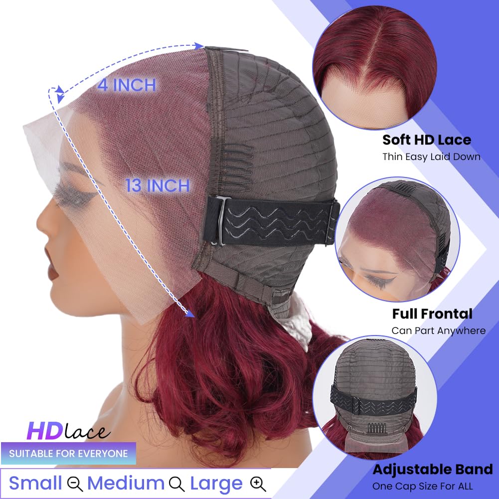 99J Burgundy 28 Inch Body Wave Lace Front Wig for Women - 13x4 Transparent Lace Human Hair Wig with Pre-Plucked Hairline & Baby Hair - 180% Density Red Human Hair Wig for Everyday Wear & Special Occasions
