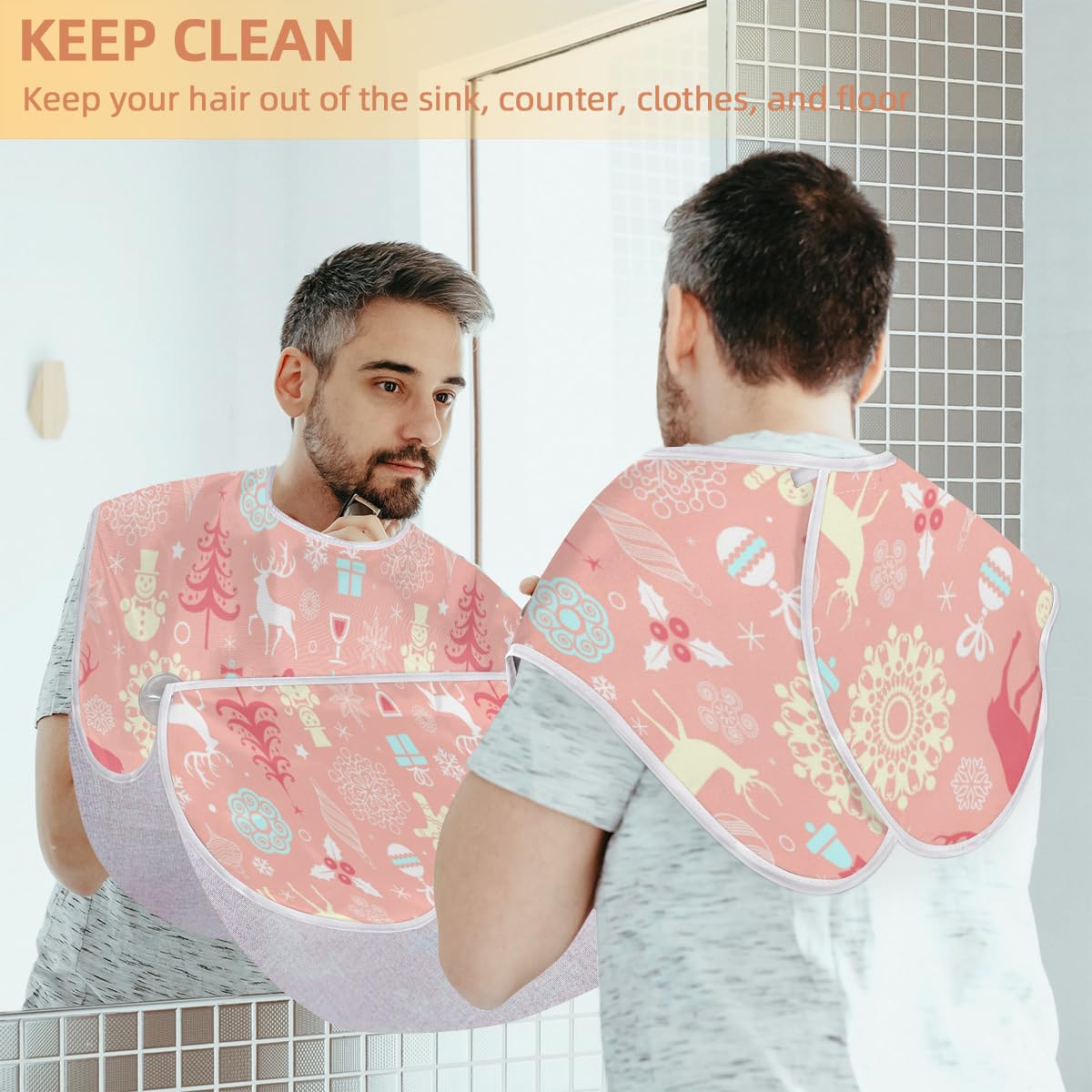 Men's Winter Christmas Themed Beard Bib - Non-Stick Shaving Apron with Suction Cups, Hair Catcher & Grooming Cloth - Perfect Gift for Husband & Dad (Great for Holiday Grooming & Mess-Free Shaving)