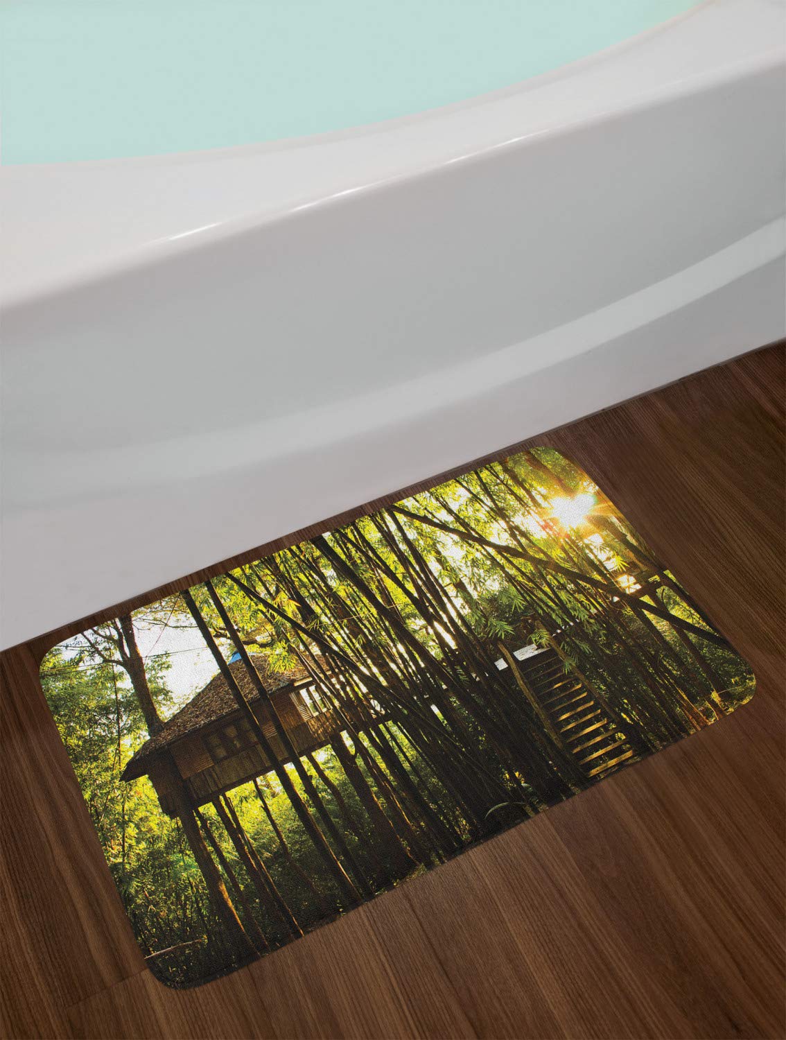 Ambesonne Tree House Bath Mat - Non-Slip Plush Bathroom Rug with Idyllic Forest Sunrise Design, 30.2 x 20 Inches, Yellow Green & Dark Brown - Perfect for Kids' Bathrooms, Cozy Cabins, and Nature-Themed Home Decor