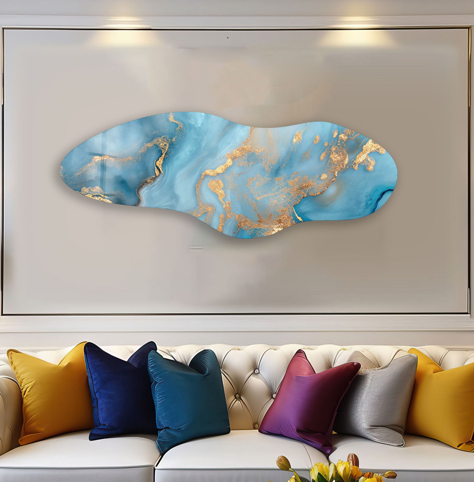Blue Marbled Asymmetrical Glass Wall Art - Handcrafted Modern Home Decor for Living Room, Bedroom & Office - Unique Abstract Hanging Art Piece for Contemporary Interior Design