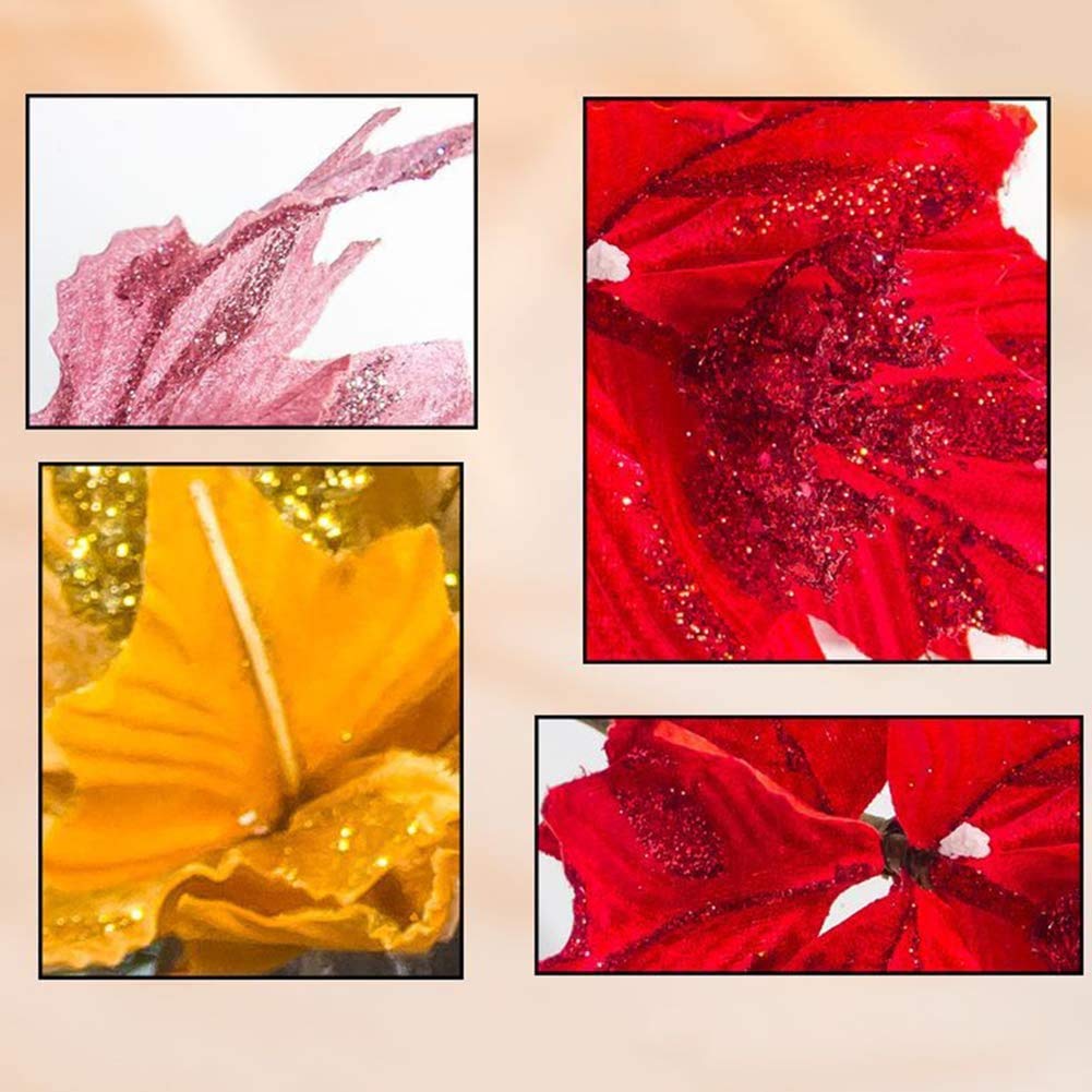 6-Piece Large Glitter Poinsettia Artificial Flowers Set - 9
