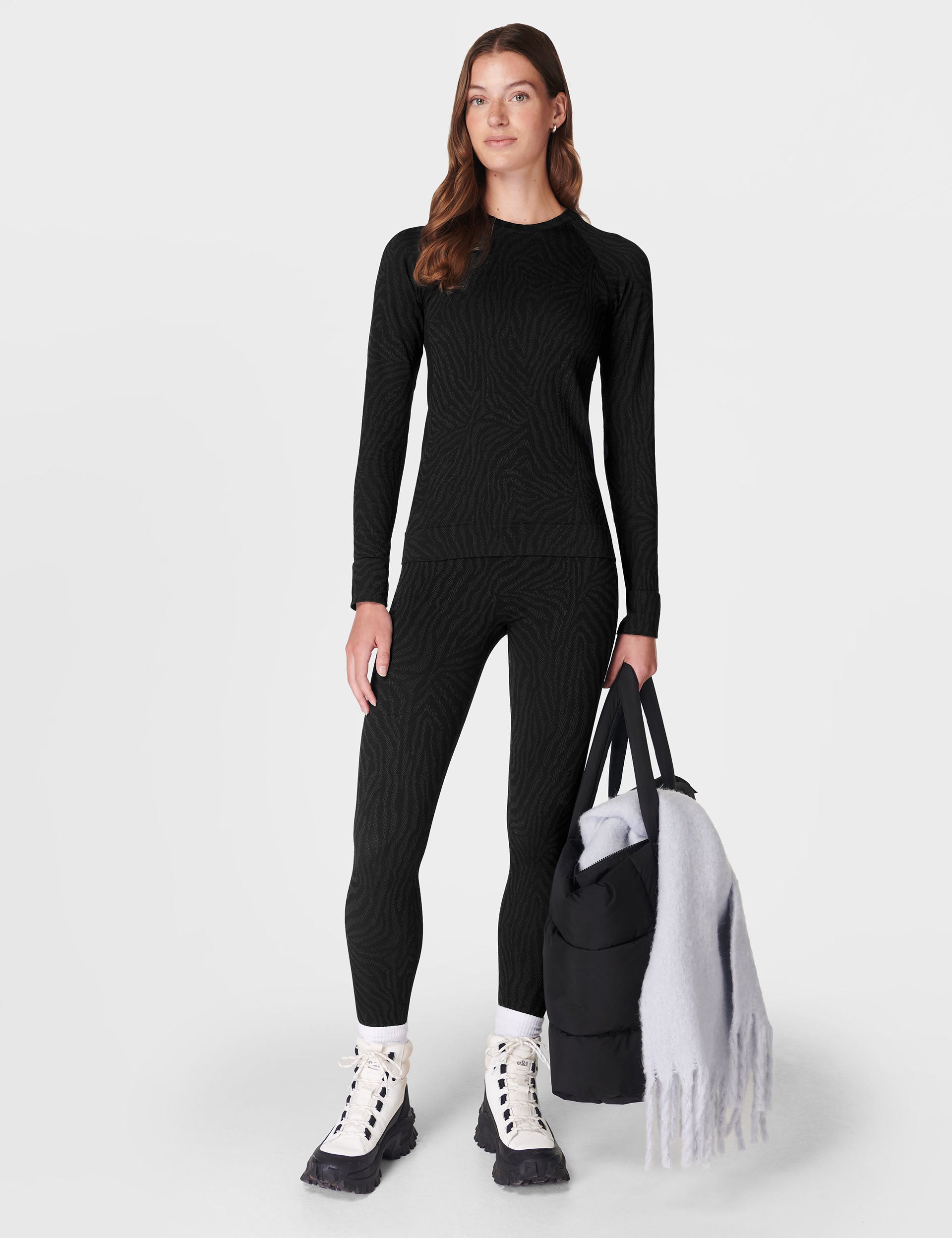 Animal Crew Neck Base Layer Top - Black Zebra Lines Jacquard for Men & Women | Warm Thermal Underwear for Winter, Outdoor Sports & Layering