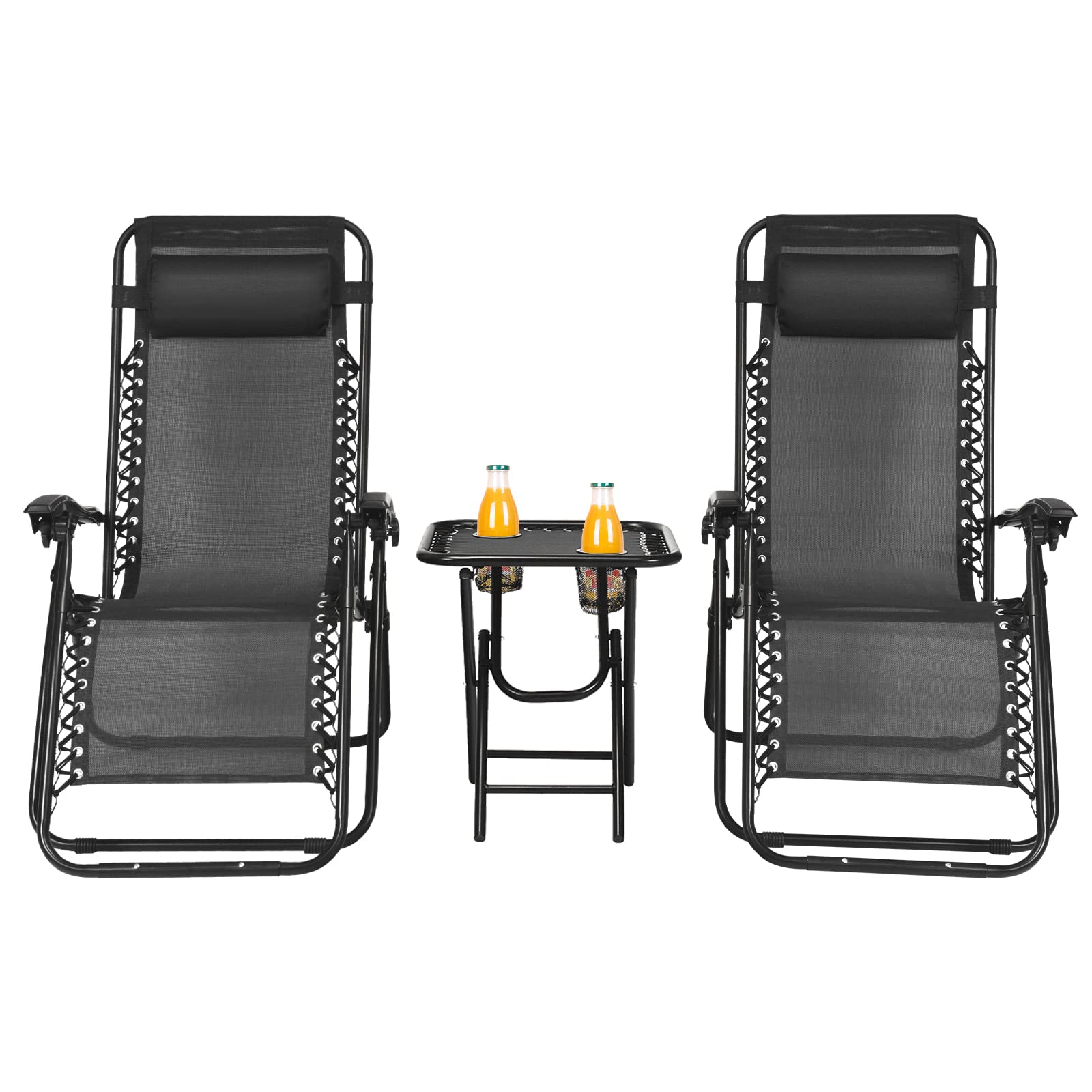 **HAPPYGRILL Zero Gravity Lounge Chairs Set with Coffee Table - 3-Piece Adjustable Folding Reclining Chairs with Side Table & Pillow for Outdoor, Patio, Garden, Camping & Travel - Perfect for Relaxing, Sunbathing & Backyard Lounging**