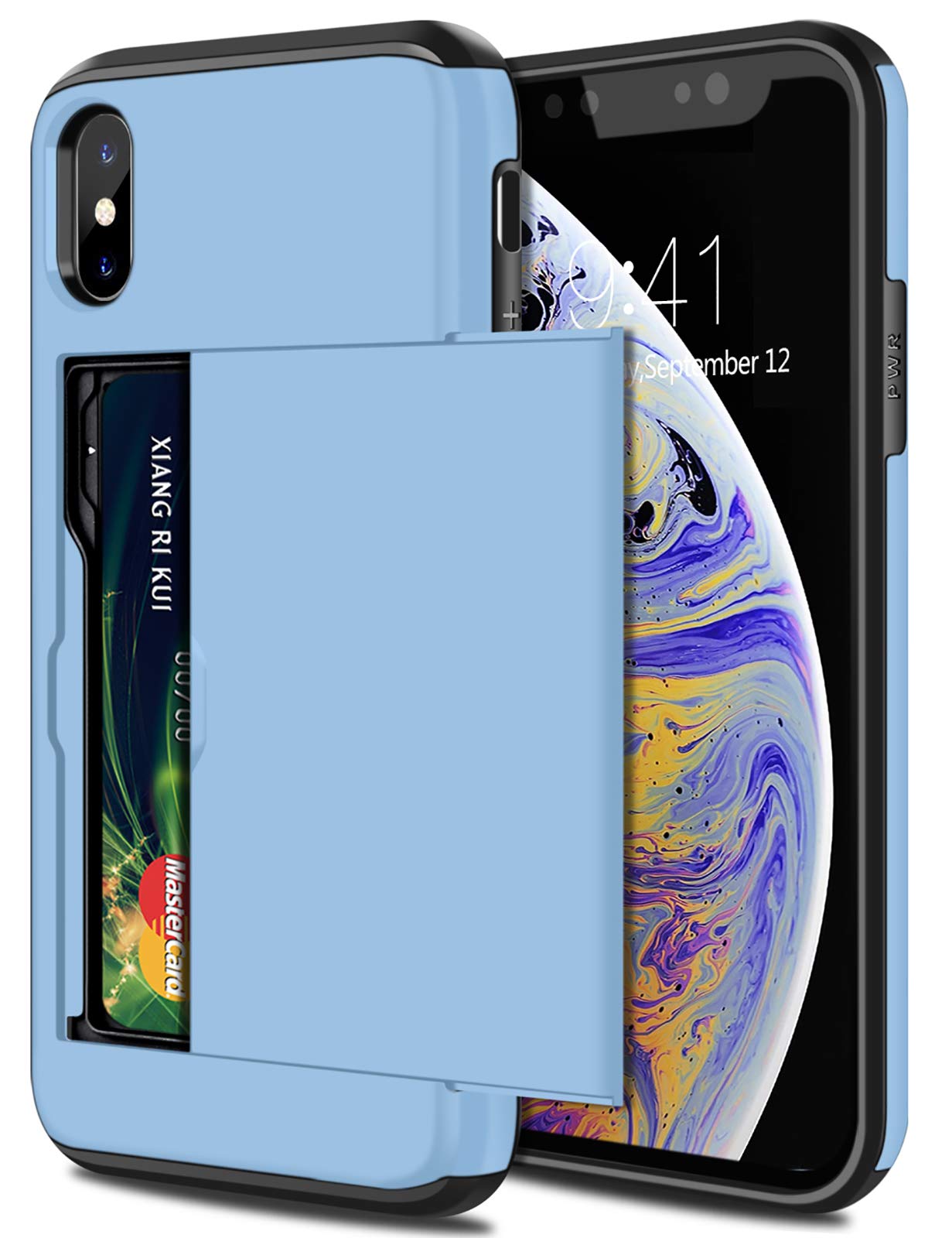 Shockproof Wallet Case for iPhone X/Xs/10 (5.8 inch) - Dual Layer Protective Cover with Card Holder, Hard PC & Soft Hybrid Rubber, Anti-Scratch Design in Light Blue | Perfect for Everyday Use, Travel & Hands-Free Convenience