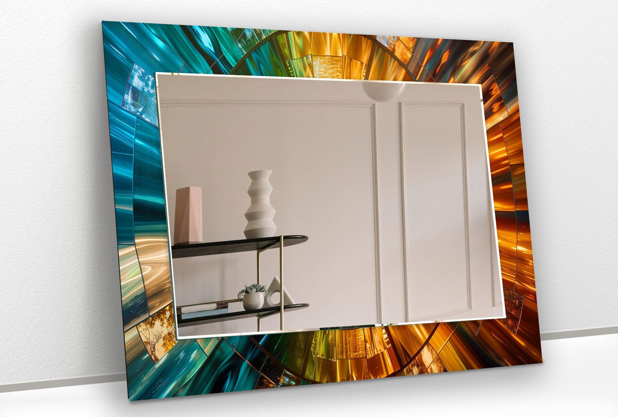 Blue and Gold Abstract Wall Mirrors - Modern Decorative Mirror for Living Room, Bedroom & Entryway - Stylish Home Decor Accent Piece
