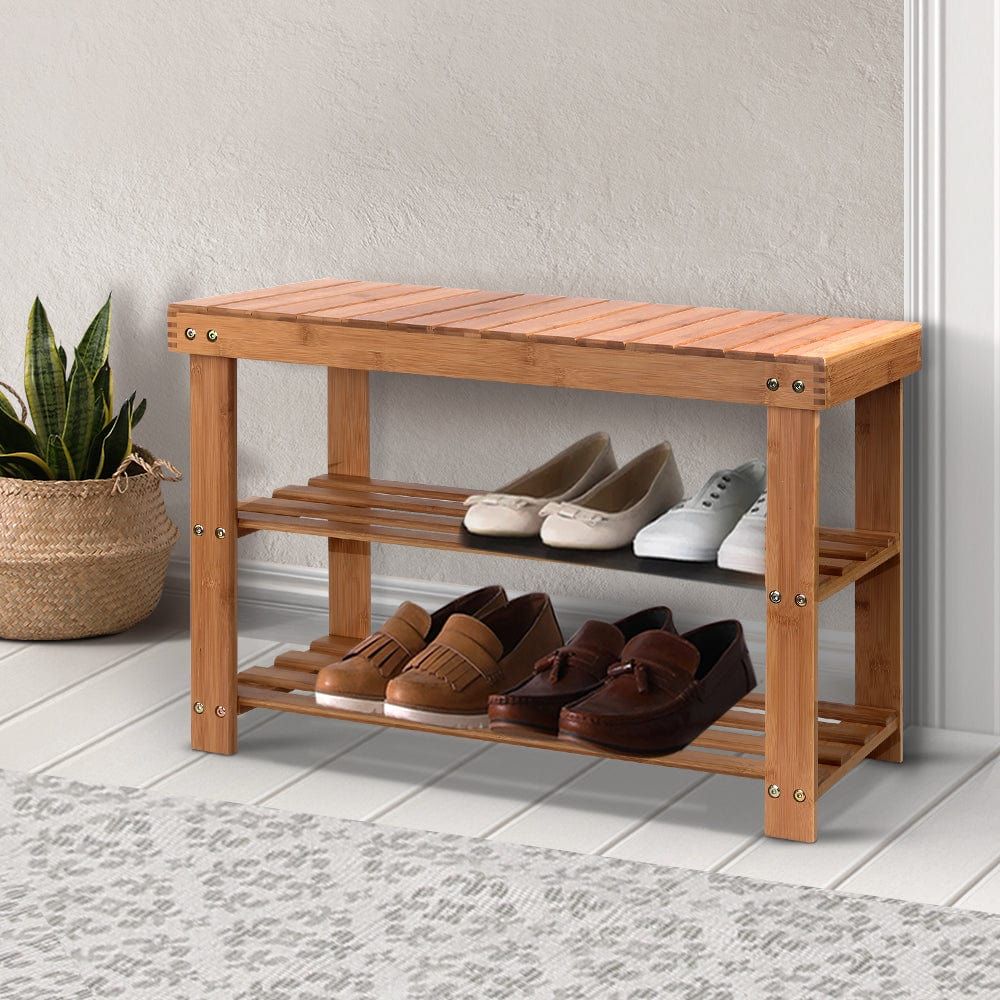 Bamboo Shoe Rack with Seat - Wooden Entryway Bench, Shoe Organizer Shelf & Stool for Hallway, Bedroom, or Mudroom Storage