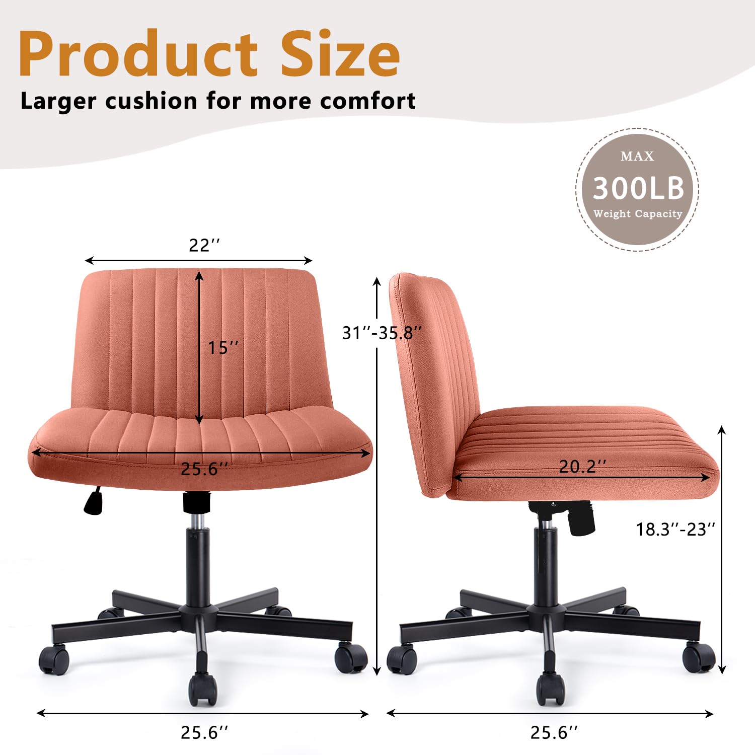 Criss Cross Chair with Wheels - Armless Cross Legged Office Vanity Chair - Comfortable Fabric Wide Swivel Desk Chair for Home Office - Adjustable Vanity Chair with Back Support - Brown - Perfect for Workstations, Makeup Tables & Small Spaces