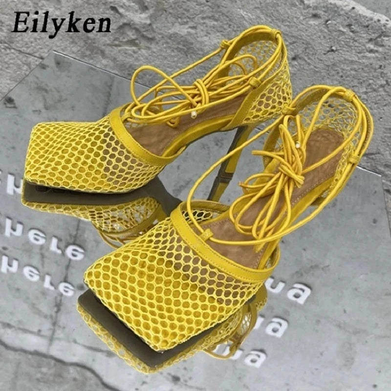 Eilyken Women's Sexy Mesh Pumps Sandals - Square Toe High Heel Lace-Up Cross Tied Stiletto Dress Shoes for Women | Perfect for Evening Parties, Date Nights & Special Occasions
