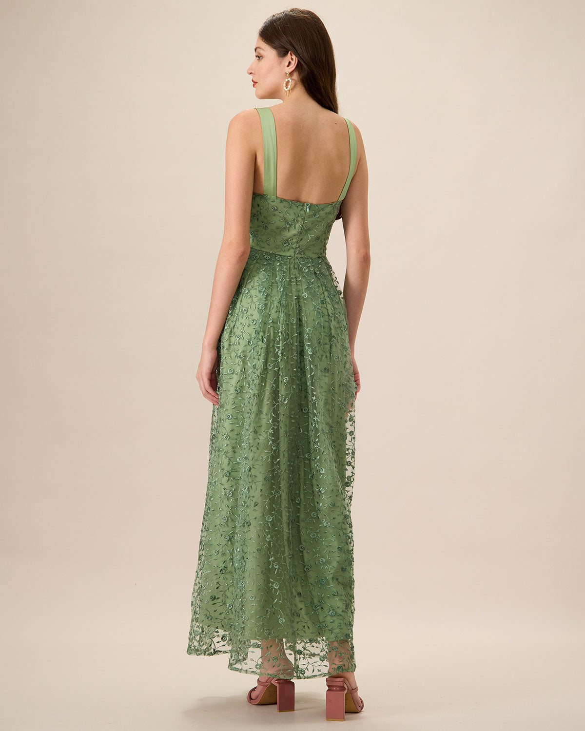 Elegant Women's Green Embroidery Mesh Slip Maxi Dress - Flowy Summer Evening Gown for Beach Wedding, Party & Vacation