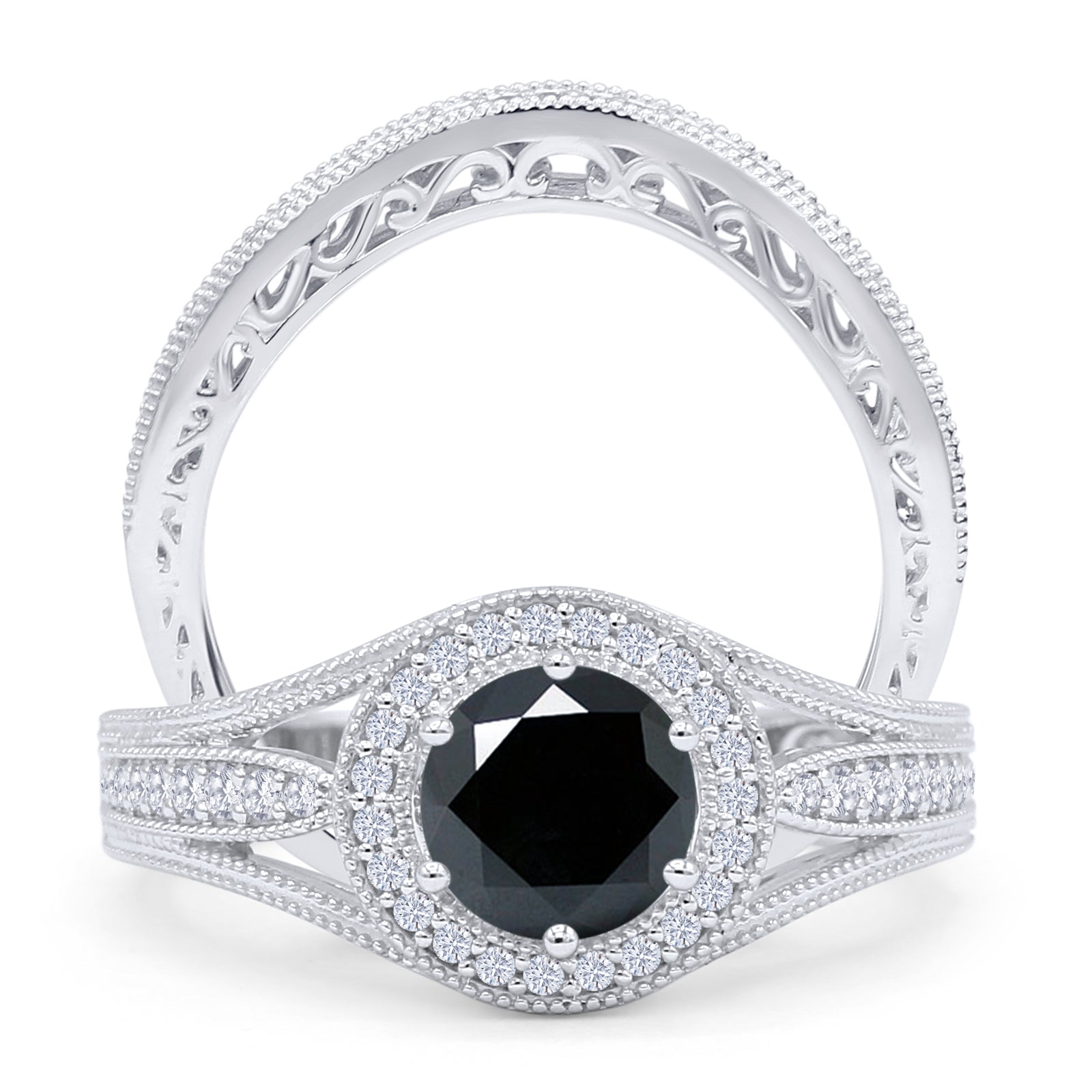 14K White Gold Halo Split Shank Black CZ Ring Set - Round Diamond Accent Wedding Band for Women, Perfect for Engagement, Anniversary & Special Occasions
