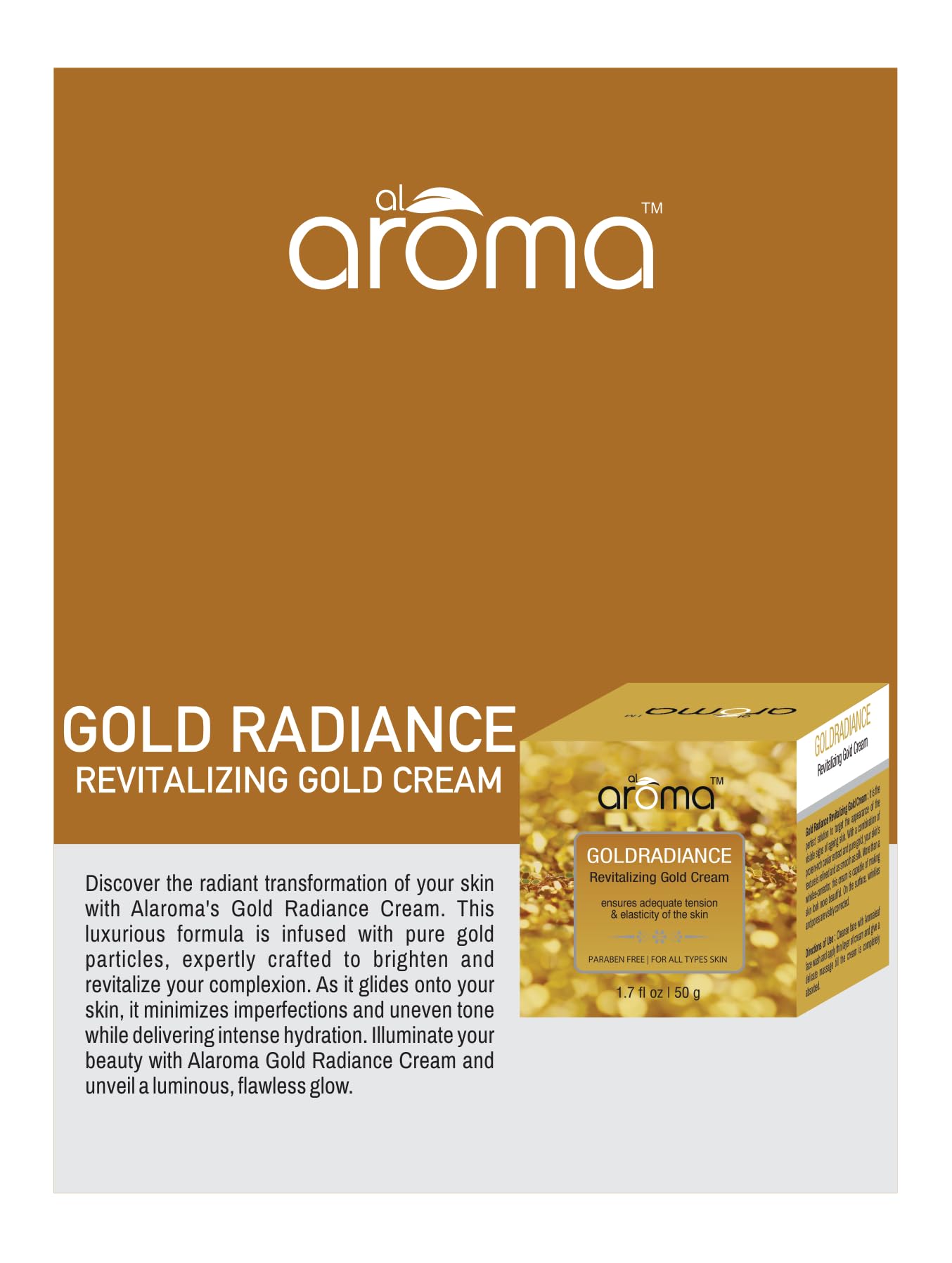 Alaroma Leafs Gold Radiance Revitalizing Face Cream - Skin Brightening, Anti-Aging & Wrinkle Reduction Treatment (50g) | Daily Moisturizer for Glowing Youthful Skin
