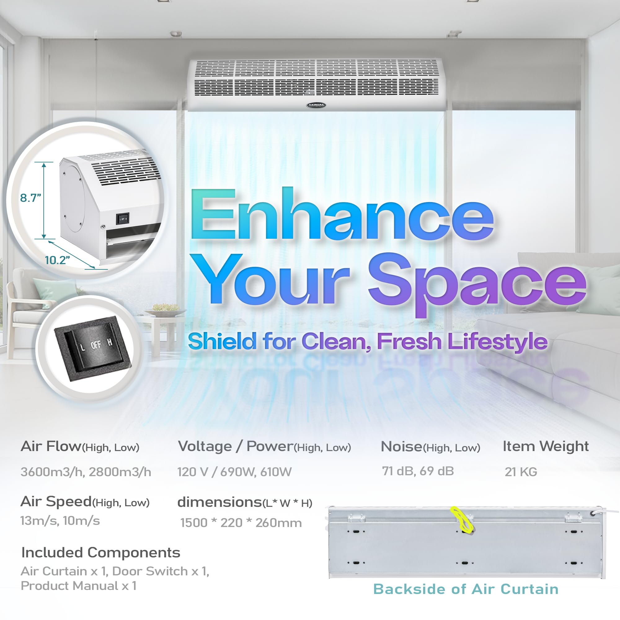 DuraSteel 60 Inch White Wall Mounted Air Curtain Fan - UL Certified Commercial Grade Air Door with Heavy Duty Limit Switch | High Power Indoor Over Door Fan for Restaurants, Warehouses & Retail Stores | Aerial Titan-1 Model