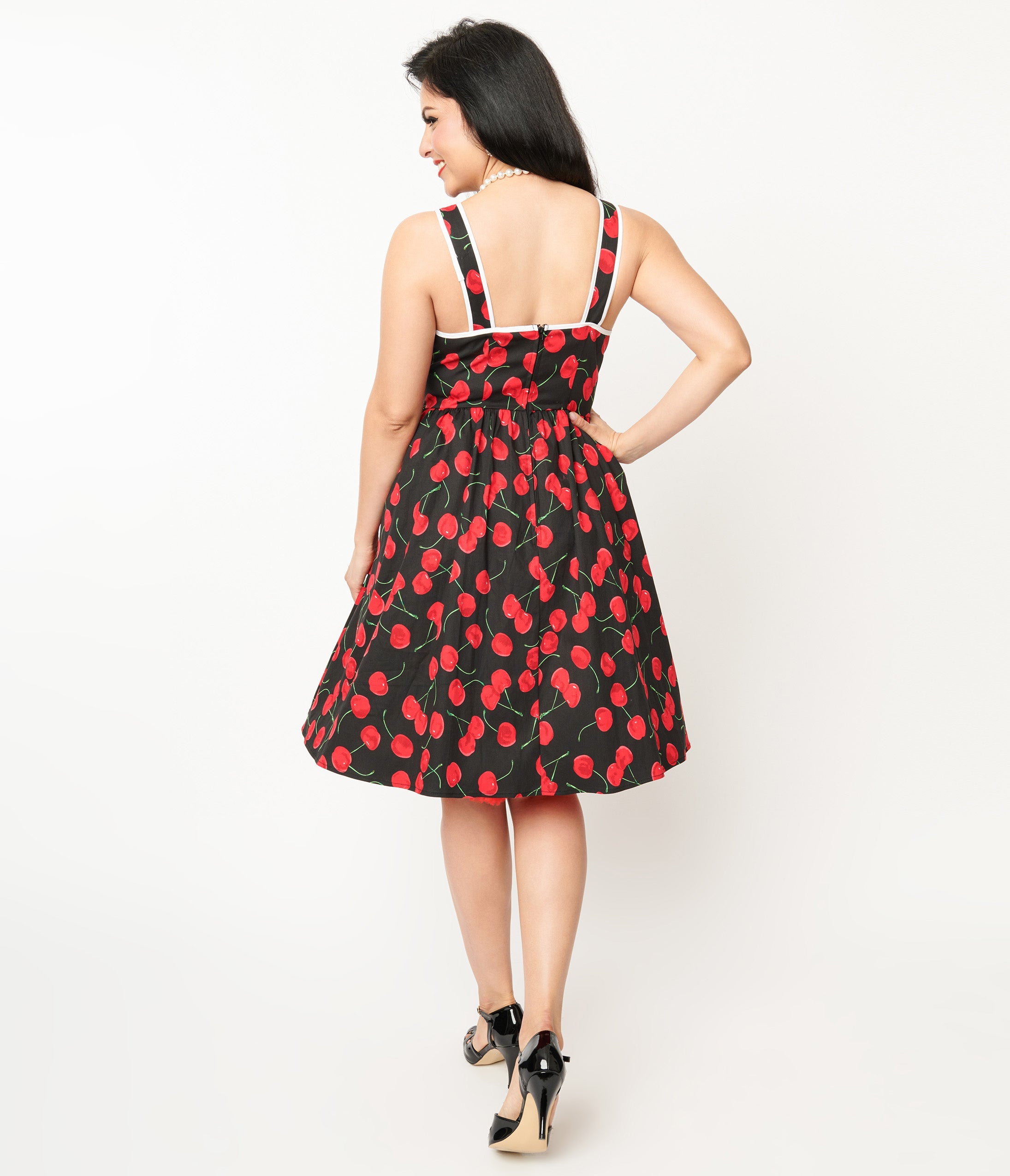 Vintage 1950s Black & Cherry Print Cotton Pinafore Swing Dress - Retro Pinup Style for Parties, Tea Dances & Rockabilly Fashion