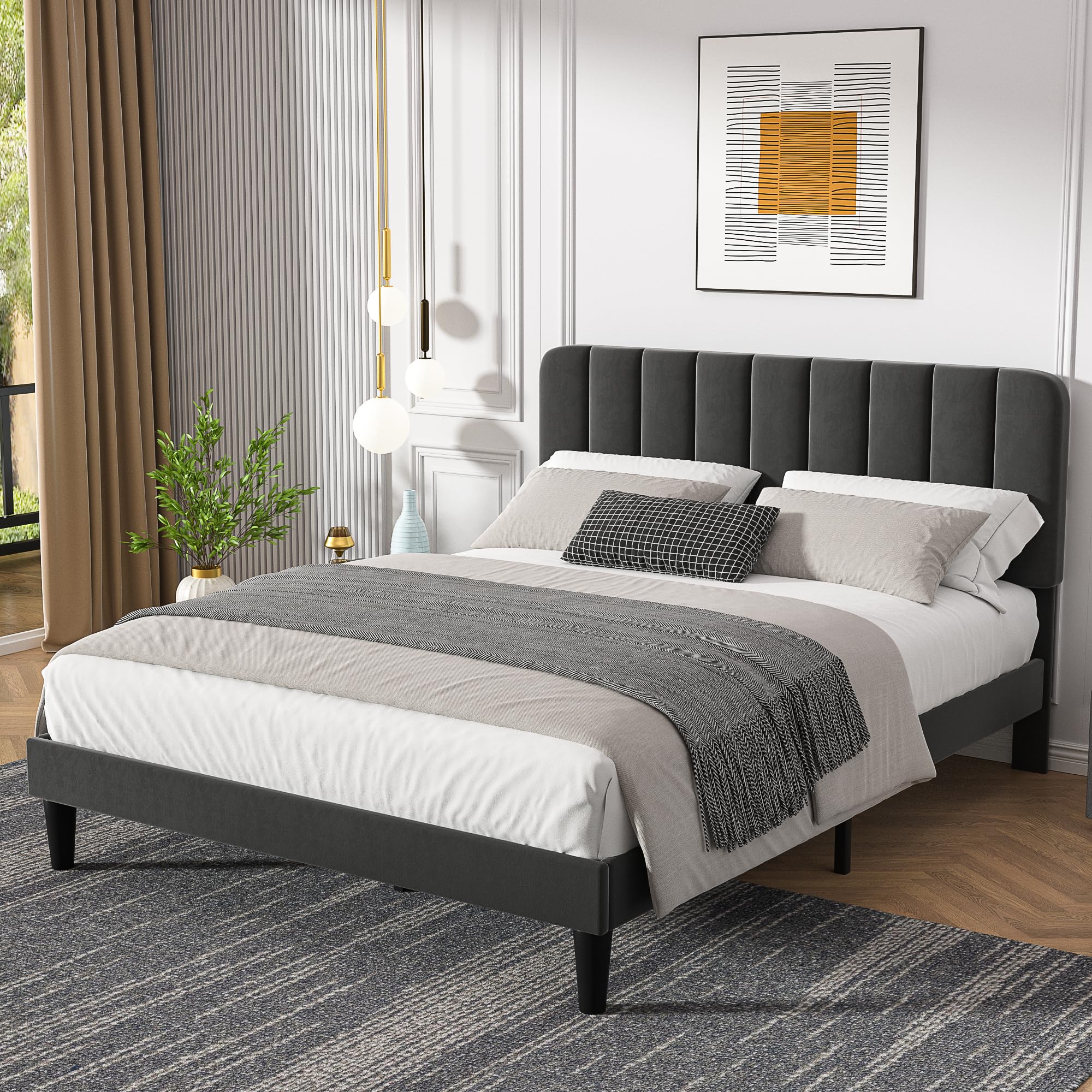VECELO Full Size Upholstered Bed Frame with Adjustable Headboard - Velvet Platform Bed Frame with Wood Slat Support, No Box Spring Needed, Dark Grey - Perfect for Modern Bedrooms, Guest Rooms & Small Spaces