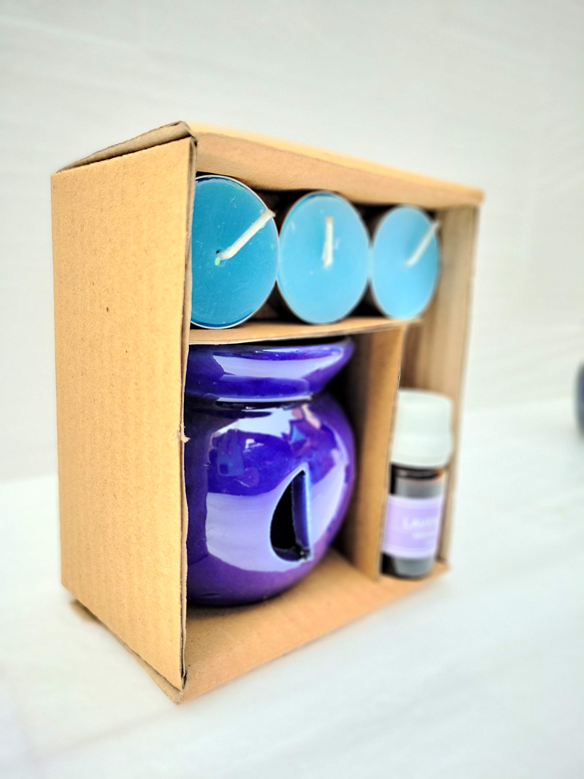 Bharti Ceramic Aroma Oil Diffuser with Lavender Fragrance & 3 Candles - Home Decor Essential Oil Warmer for Relaxation, Yoga & Spa - Perfect Gift Set for Aromatherapy Lovers