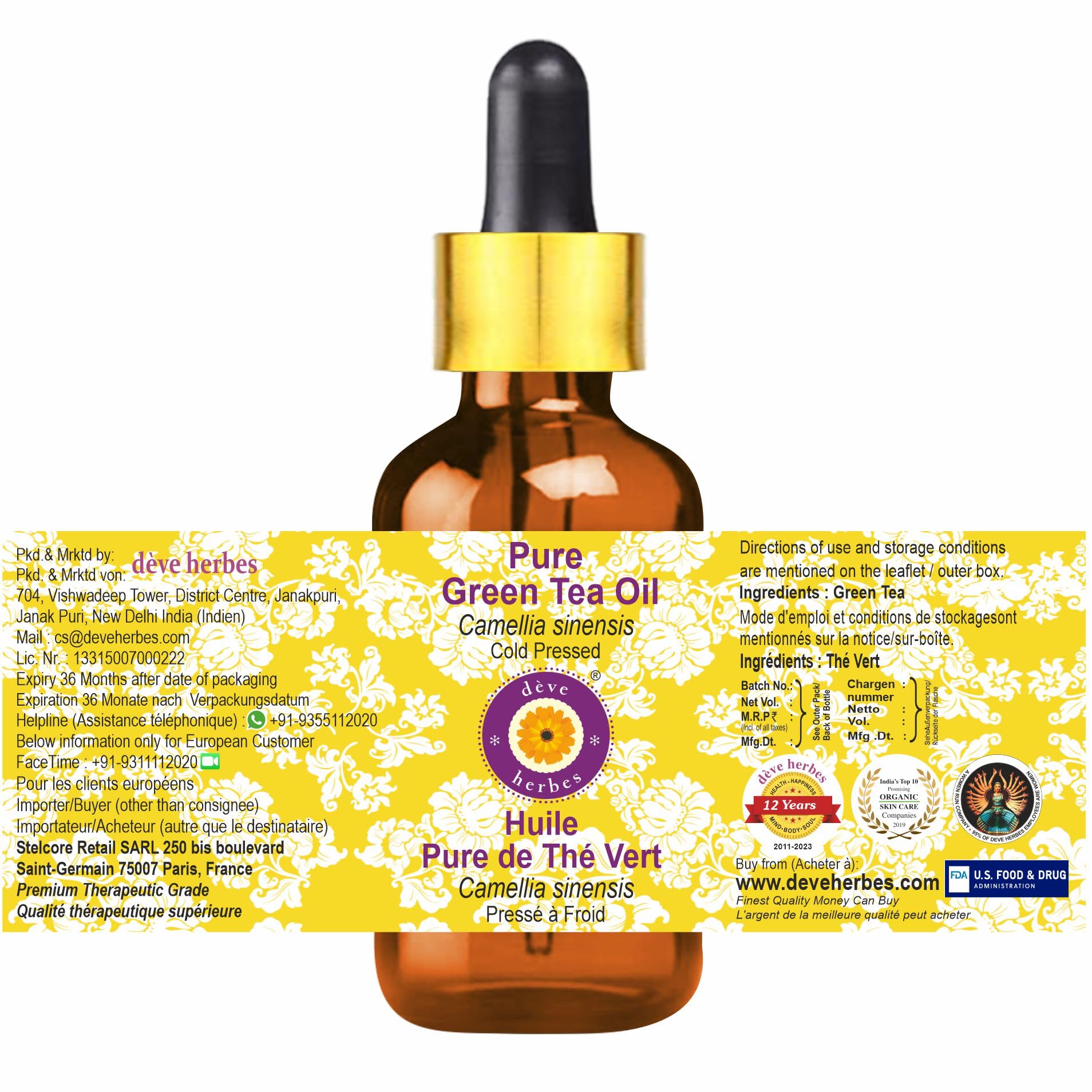 Pure Green Tea Oil (Camellia sinensis) - 100% Natural, Cold Pressed, Therapeutic Grade, Fragrance-Free with Glass Dropper - 5ml for Skin Care, Aromatherapy & Relaxation