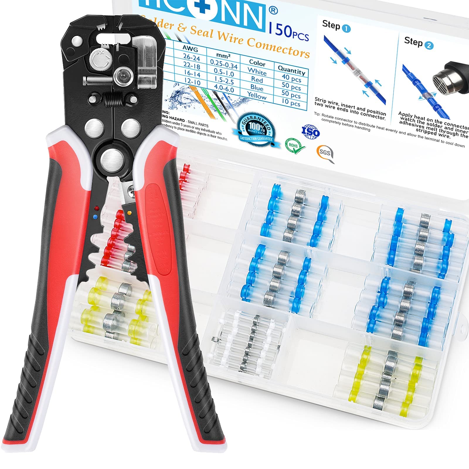 150 Pcs Heat Shrink Solder Seal Wire Connectors Kit with Automatic Wire Stripper Tool - Waterproof Electrical Connectors for Automotive, Marine & DIY Electronics Projects