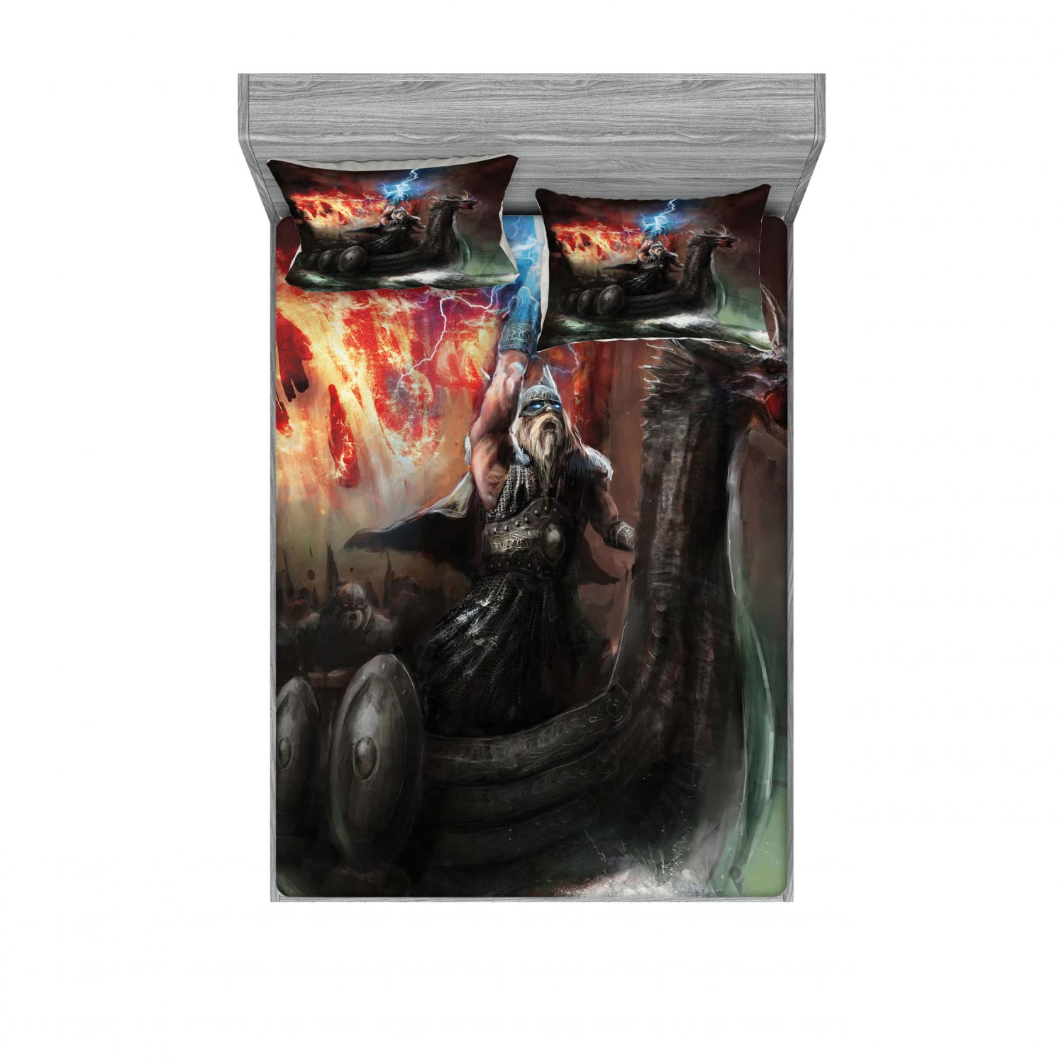 Ambesonne 2-Pack King Size Fitted Sheet & Pillow Sham Set - Thunder Storm Vikings Design, 4-Piece Grey Orange Bedding Collection (2 Fitted Sheets + 4 Pillow Covers) for Nordic Themed Bedroom Decor & Viking Lovers