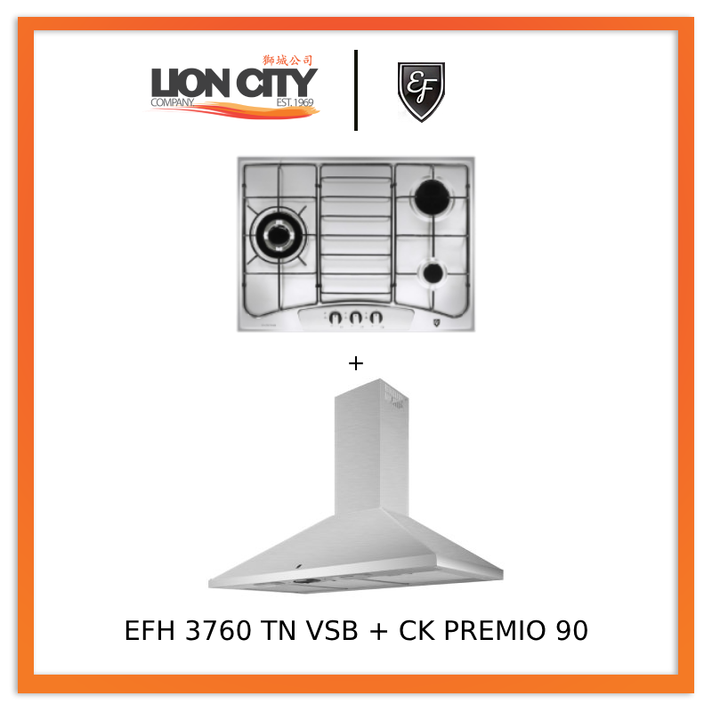 EF CK Premio 90 Chimney Range Hood + EFH3760 68cm 3-Burner Gas Cooktop - Modern Kitchen Ventilation & Cooking Solution for Home Chefs