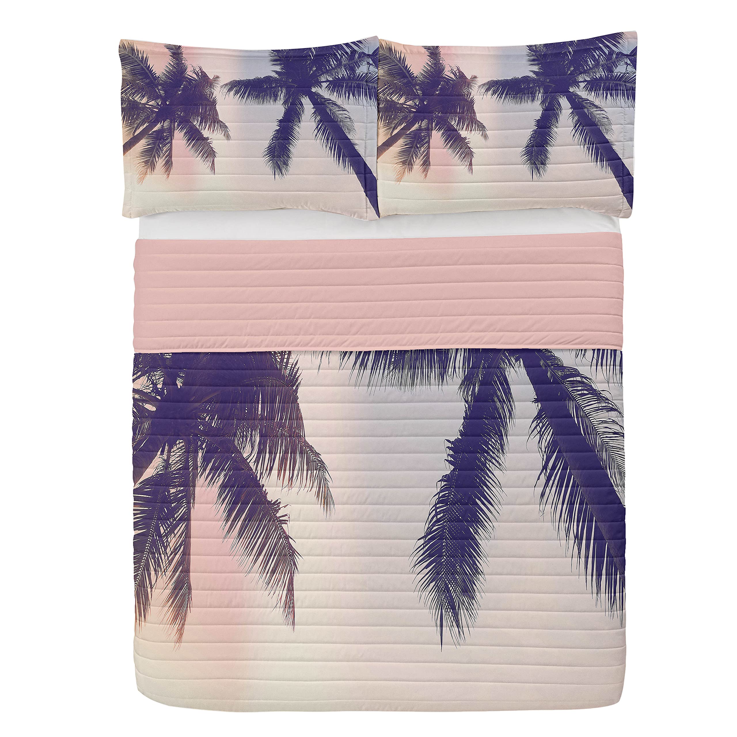 Lunarable Palm Tree Microfiber Bedspread Set - California Inspired Tropical Art Print with Pillow Shams & Comforter, King Size in Pale Pink Brown | Soft Bedding for Beach House, Vacation Home or Boho Chic Bedroom Decor