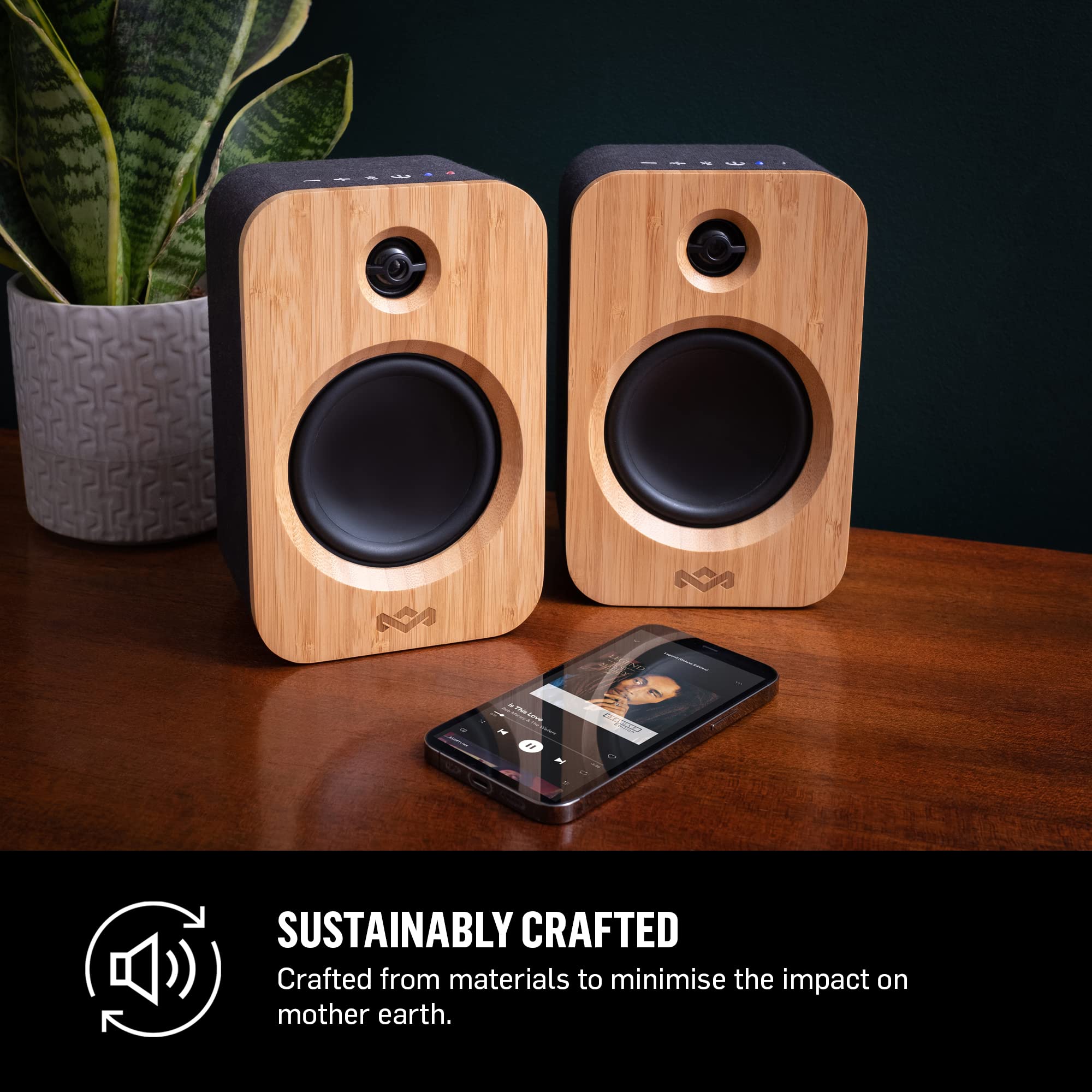 House of Marley Get Together Duo Wireless Bluetooth Bookshelf Speakers - Eco-Friendly Bamboo Design, 25-Hour Battery Life, AUX Input, Premium Sound for Home, Office & Outdoor Use