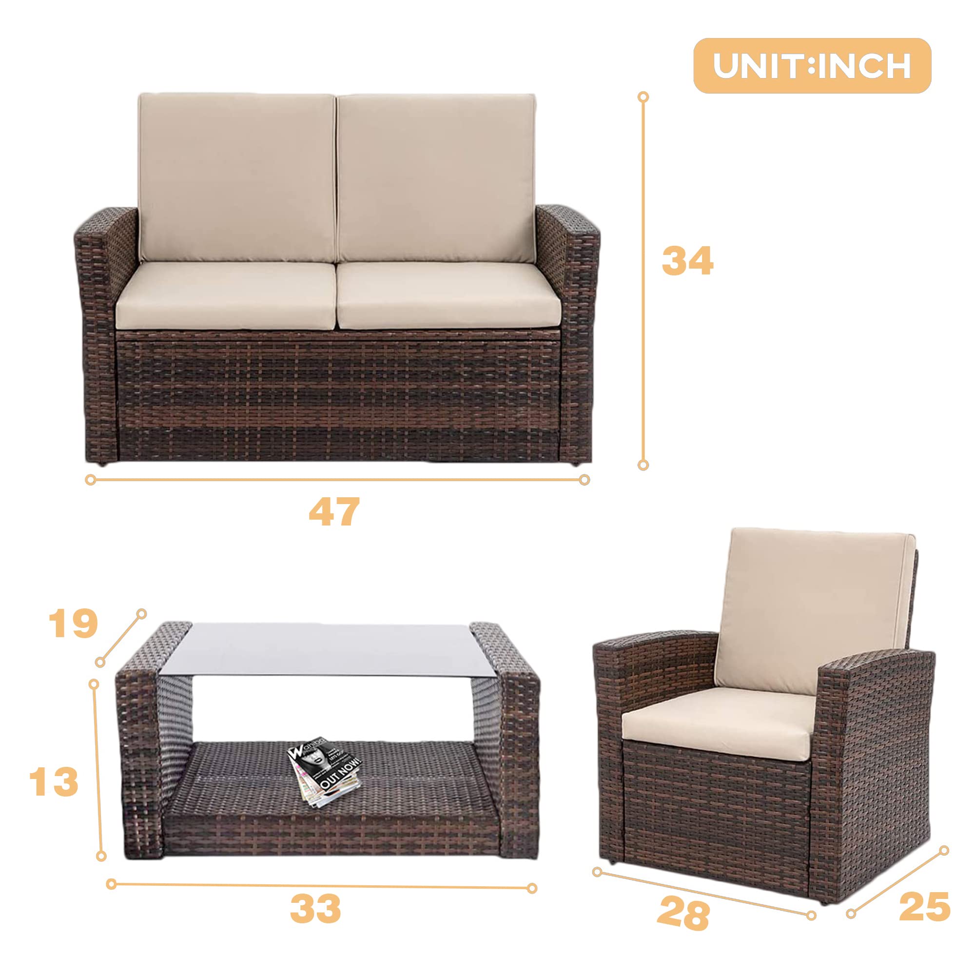 4-Piece Outdoor Patio Conversation Set - PE Rattan Wicker Sofa Furniture with Cushions & Glass Coffee Table for Garden, Balcony, Porch - Perfect for Backyard Relaxation & Outdoor Entertaining