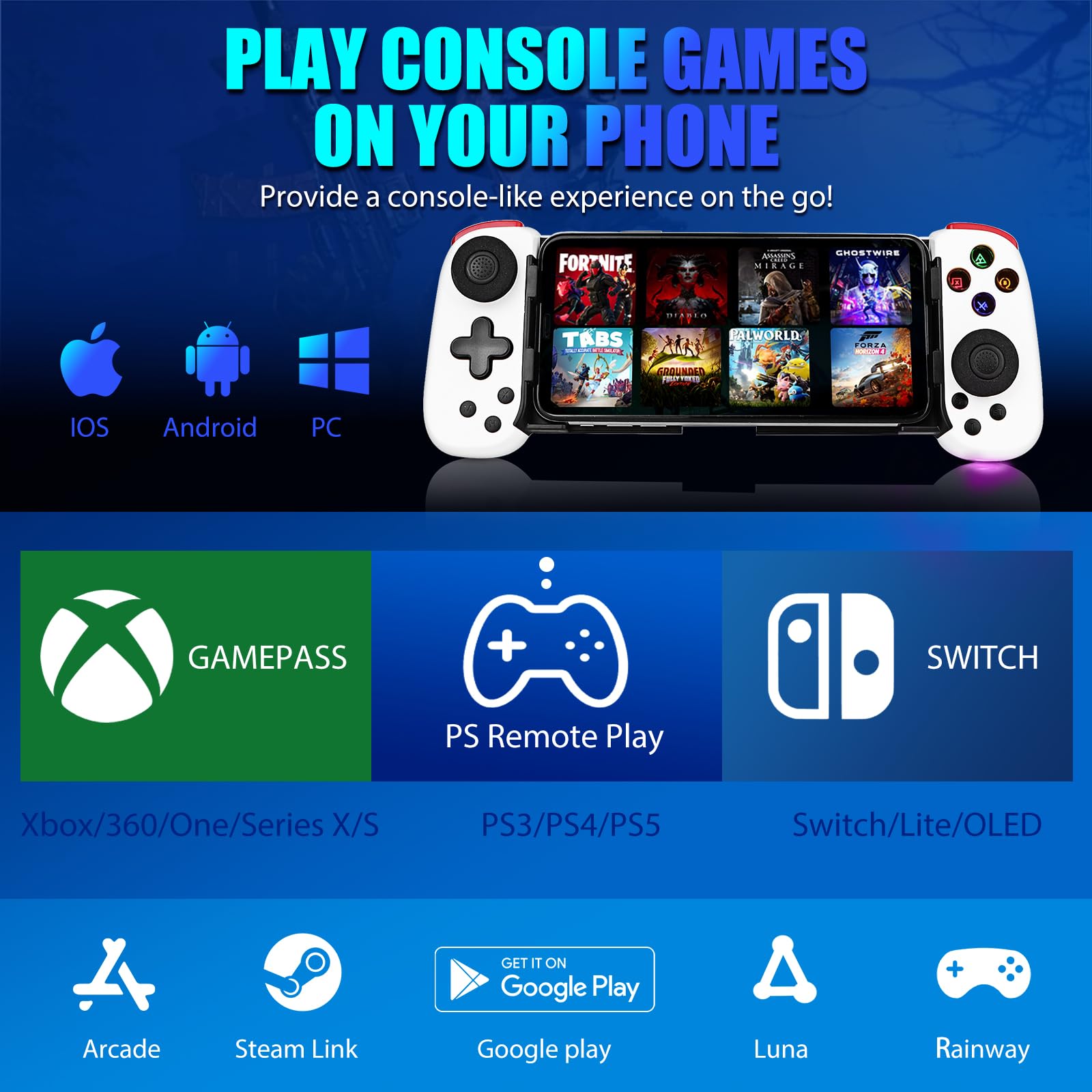 Wireless Bluetooth Game Controller for iOS Android - Xbox/PS/Switch/PC/Steam - Portable Gaming for Phones & Tablets