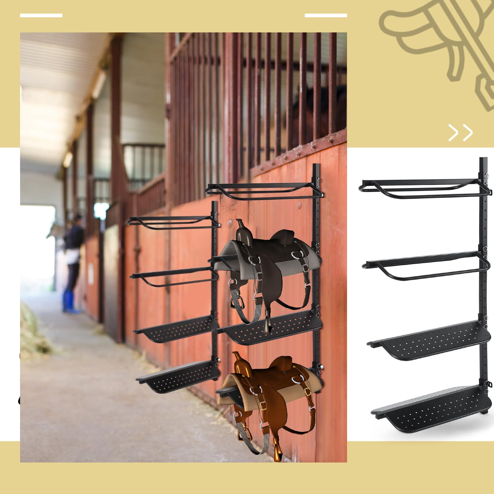 2 Pack Heavy Duty 4 Tier Wall Mount Saddle Rack Stand - 300LB Capacity (75 lbs/Layer) for Western & English Saddles - Alloy Steel Horse Tack Organizer for Bridles, Pads & Accessories - Perfect for Barns, Stables & Equestrian Storage