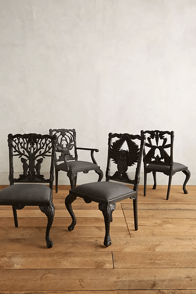 Hand Carved Woodpecker Dining Chair - Solid Wood Black Accent Chair for Kitchen, Dining Room, or Home Office | Elegant Wooden Table Chair for Modern & Rustic Decor