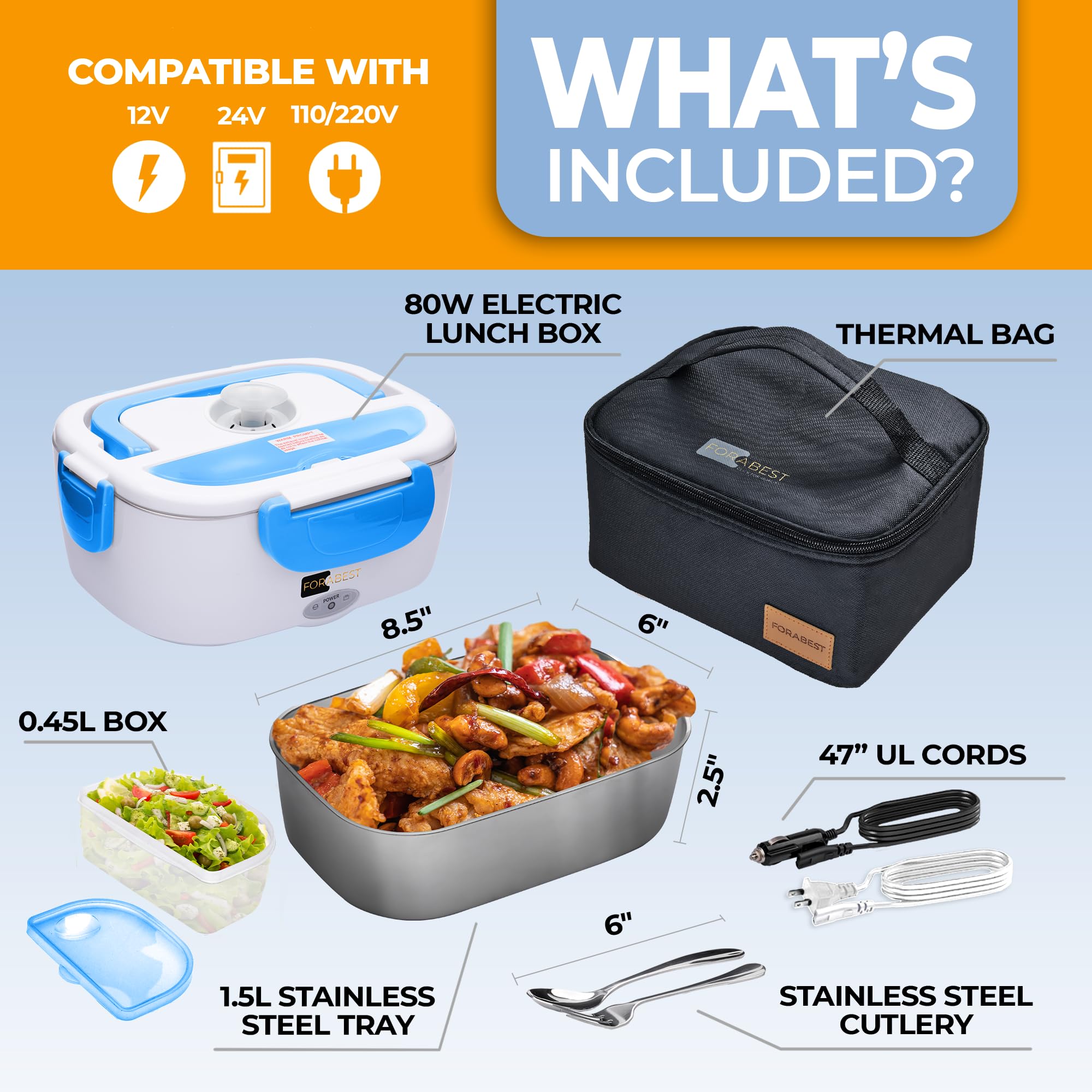 80W Electric Lunch Box for Adults - 1.5L Stainless Steel Portable Food Warmer for Men & Women, 12V/24V Car Truck & 110V/220V Work Travel Use, Perfect for Office, Commuting & Road Trips