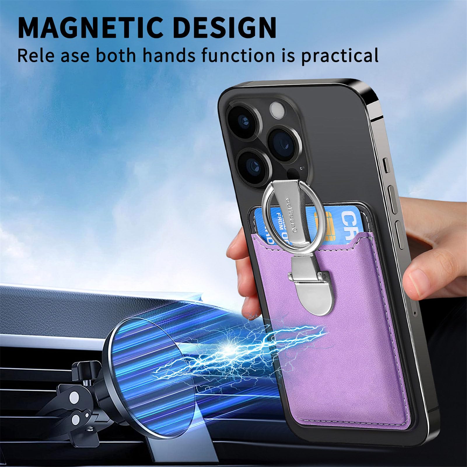 Magnetic Wallet for iPhone Samsung Android - Leather Card Holder for Phones with Kickstand - Business & ID Use