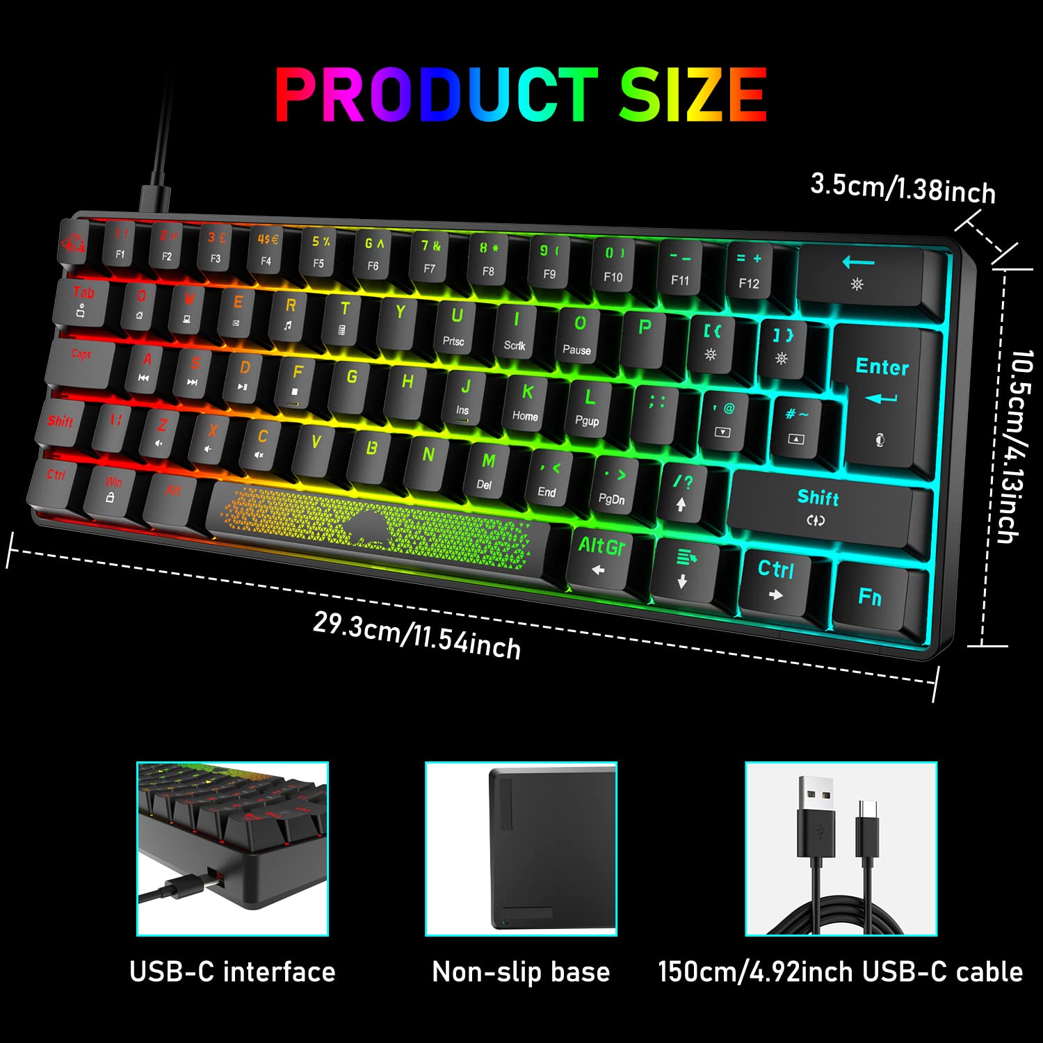 60% Mechanical Keyboard UK Layout - RGB Backlit, USB-C, for Gaming & Office