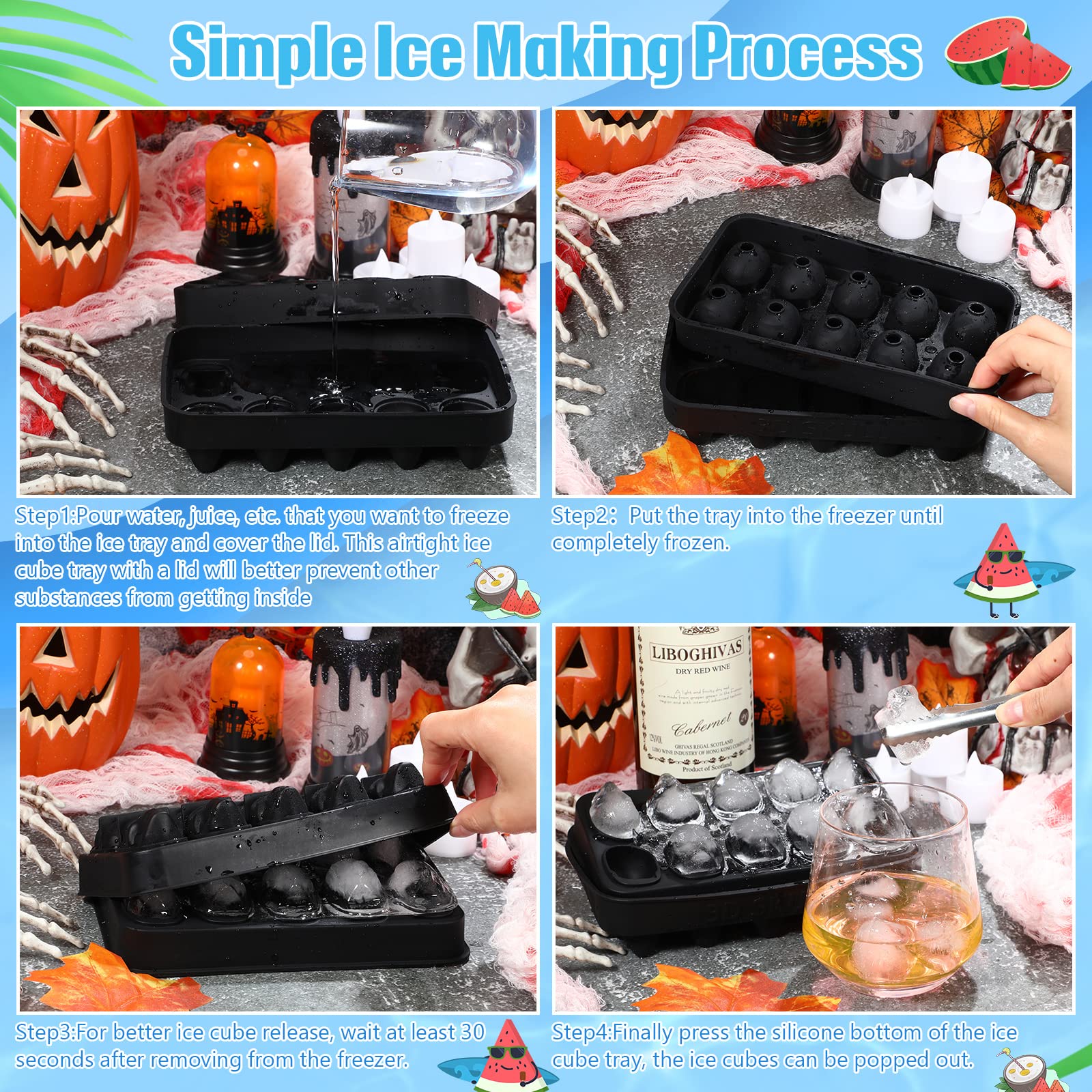 Hoolerry Flexible Silicone Skull Ice Cube Mold Tray - 2 Pack Black for Whiskey, Cocktails, Baking, Chocolate, Candy & Resin Crafts - Perfect for Halloween Parties, Home Bars & DIY Projects