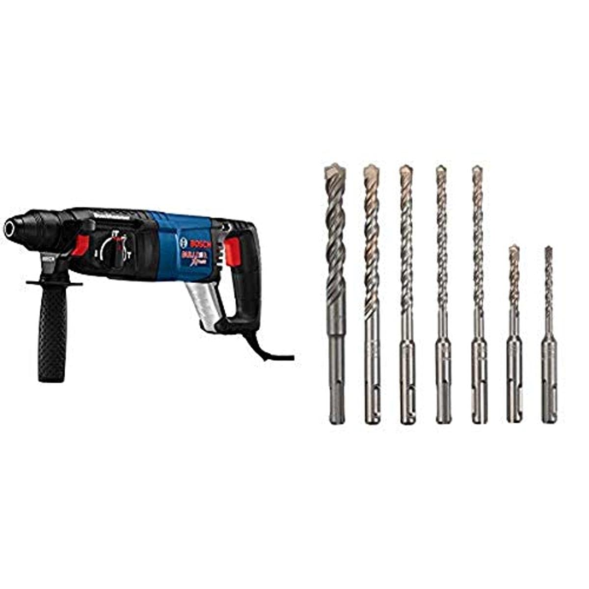 BOSCH 11255VSR Bulldog Xtreme 8 Amp 1-Inch Corded Variable Speed SDS-Plus Rotary Hammer Drill for Concrete & Masonry with HCK001 7-Piece Carbide-Tipped SDS-Plus Drill Bit Set - Perfect for Professional Construction, Demolition, and DIY Home Improvement Projects