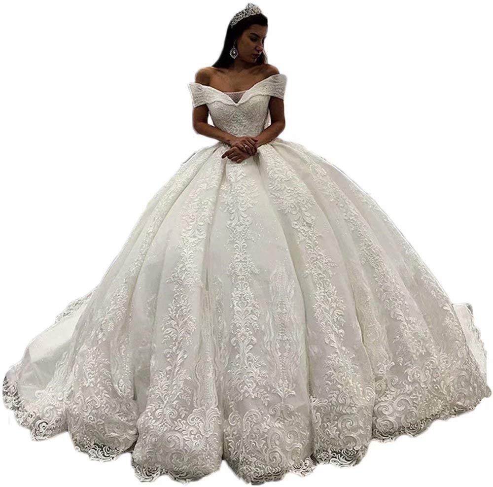Luxury Lace Ball Gown Wedding Dress for Bride - Off Shoulder Chapel Train Bridal Gown for Romantic Ceremony & Formal Reception