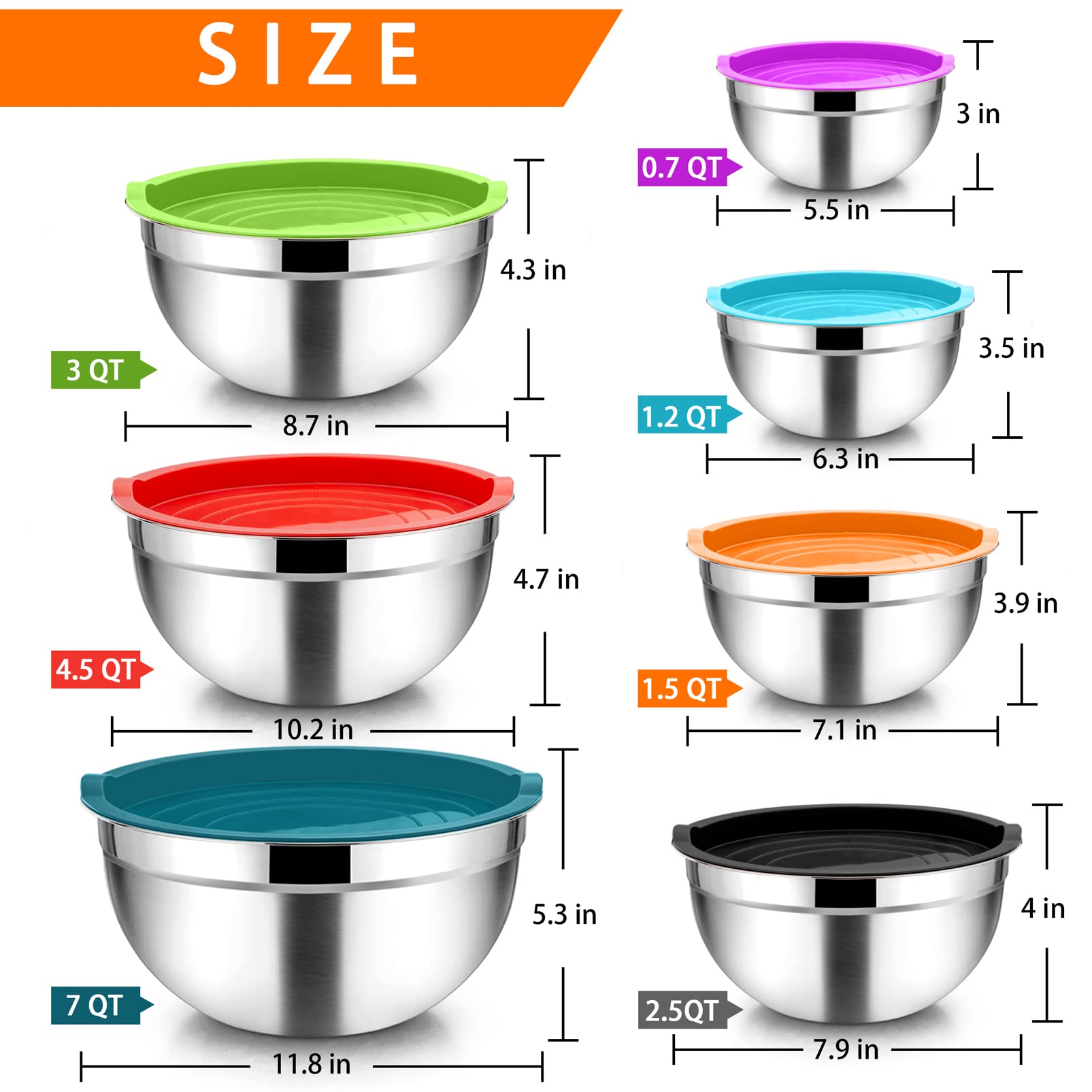 **TeamFar 7-Piece Stainless Steel Mixing Bowls Set with Lids & 16 Kitchen Utensils - Nesting Bowls (7QT, 4.5QT, 3QT, 2.5QT, 1.5QT, 1.2QT, 0.7QT) - Colorful for Baking, Cooking, Meal Prep & Serving**