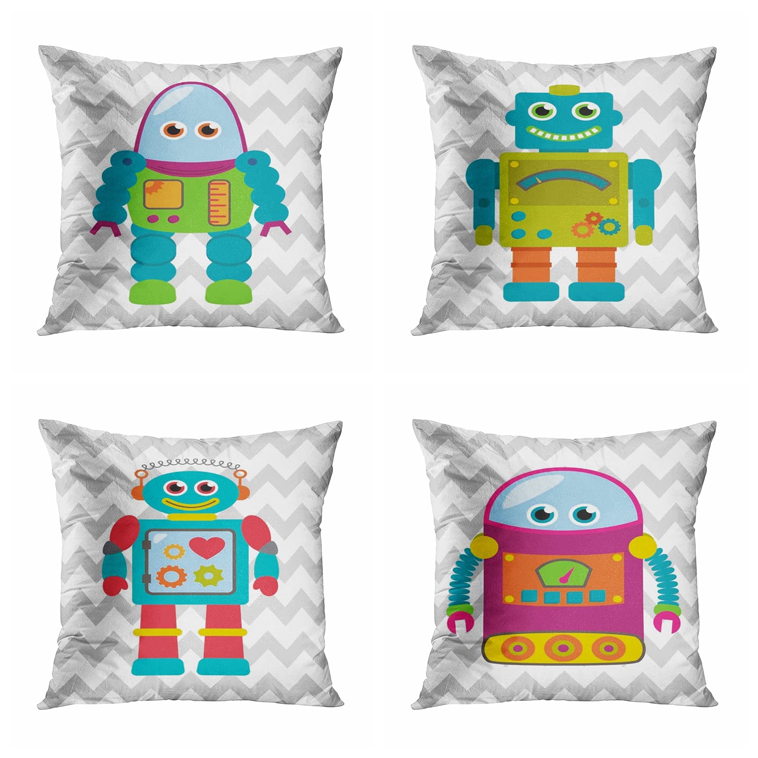 4 Pack Robot Chevron Throw Pillow Covers 20x20 Inch - Modern Square Cushion Covers for Sofa, Bed, Couch - Boys Room Decor & Home Accent - Perfect for Living Room, Nursery, Dorm Room