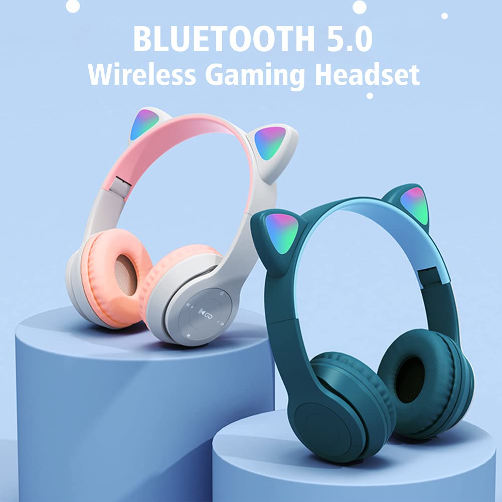 LED Cat Ear Bluetooth 5.0 Wireless Headphones for Kids & Adults - Foldable Gaming Headset with Built-in Mic, Noise Cancelling Over-Ear Design (Pink) - Perfect for Gaming, Online Classes & Music Listening
