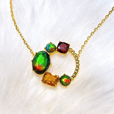 18K Gold Vermeil Ammolite Necklace with Garnet & Citrine - Elegant Slider Pendant for Women | Perfect for Weddings, Parties & Special Occasions