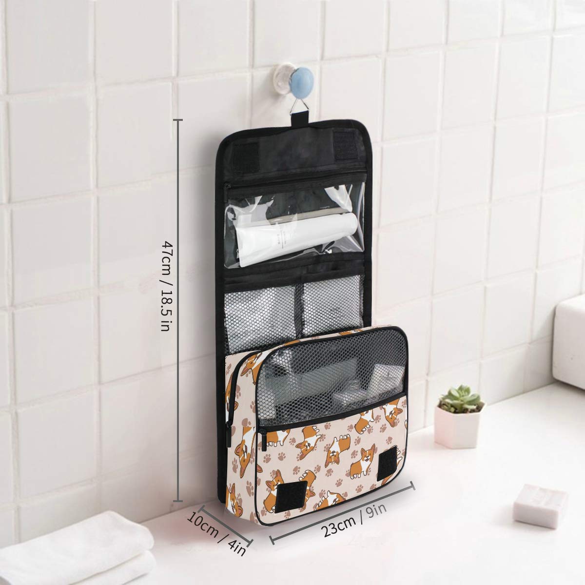 MOYYO Cute Cartoon Welsh Corgi Travel Hanging Toiletry Bag - Waterproof Cosmetic Makeup Organizer Pouch for Women & Girls - Perfect for Shower, Gym, Camping, and Vacation Trips