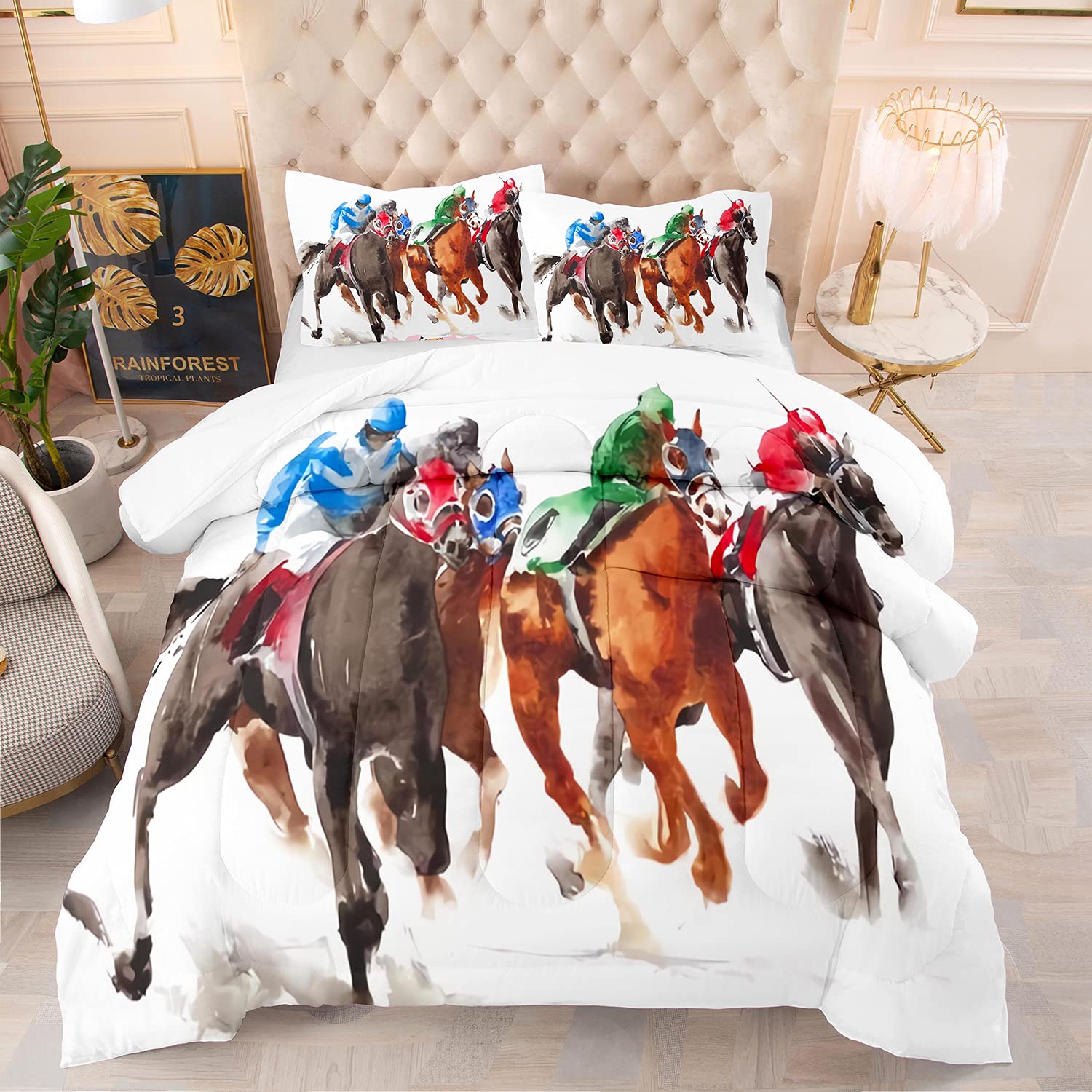 KXRY Watercolor Horse Racing King Size Comforter Set for Boys, Kids & Teens - Racehorse Themed Bedding, White Quilt Duvet Cover with 1 Comforter + 2 Pillowcases - Perfect for Equestrian Themed Bedrooms & Horse Lover Gifts