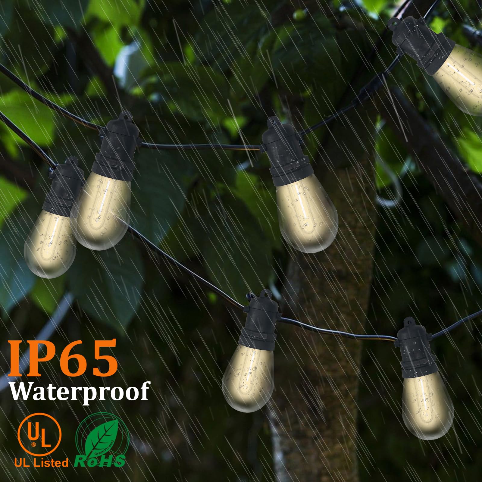 35 LED 100FT Outdoor Patio String Lights - UL Certified Waterproof Hanging Lights with 2 Spare Bulbs, Commercial Grade Black Wire for Backyard, Garden, Wedding & Party Decorations