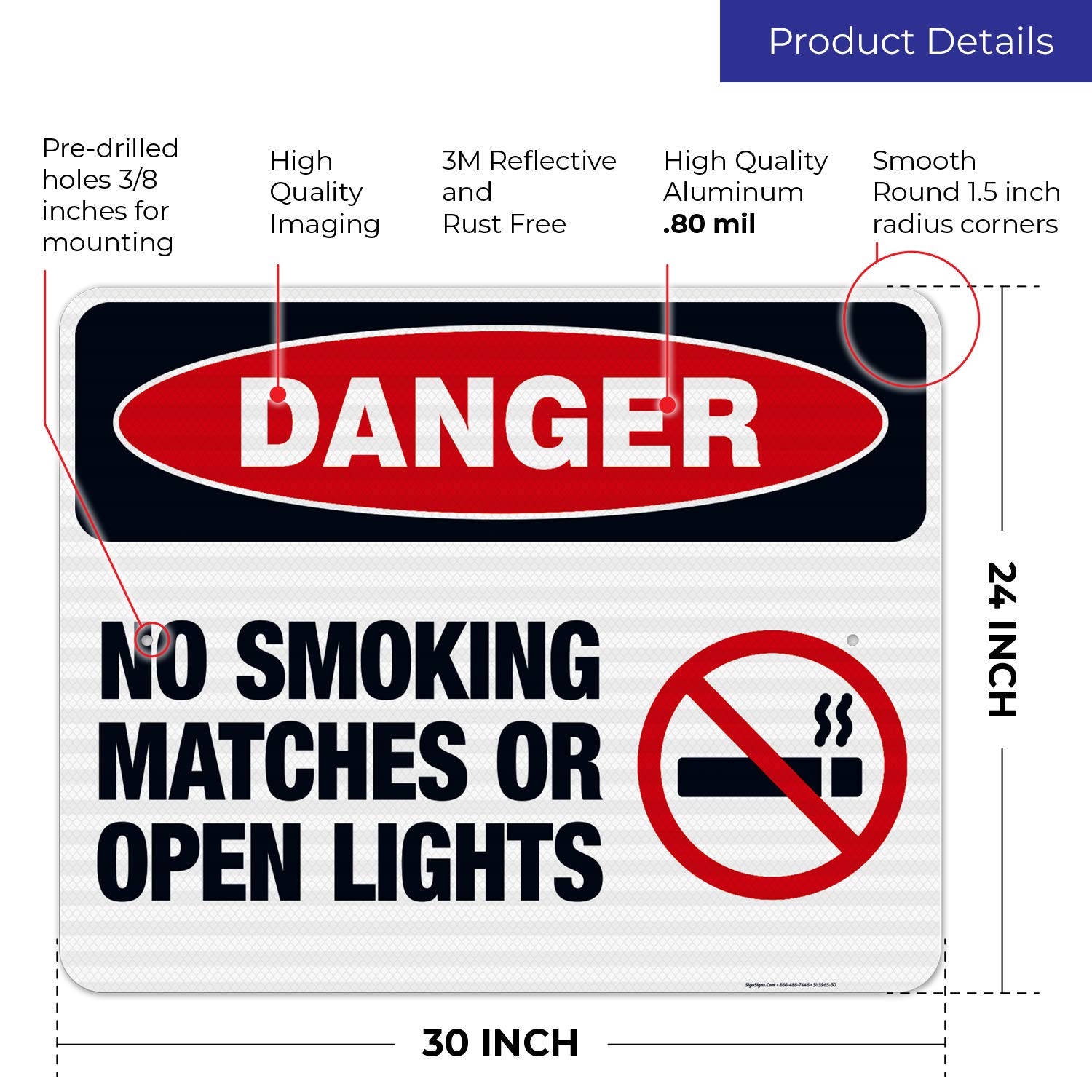 Danger No Smoking Matches or Open Lights Sign - OSHA Compliant 24x30 Inches, 3M EGP Reflective .080 Aluminum, Fade Resistant for Indoor/Outdoor Use - Made in USA - Perfect for Factories, Warehouses & Hazardous Areas