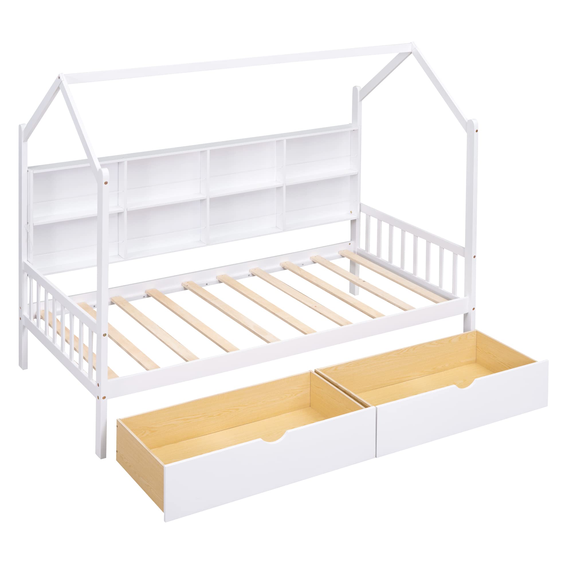 Harper & Bright Designs Solid Wood Montessori Twin House Bed for Kids - Playhouse Bed Frame with Storage Drawers & Shelves, Tent Bed for Boys Girls Teens - Perfect for Bedroom, Playroom & Montessori Learning Spaces (White)