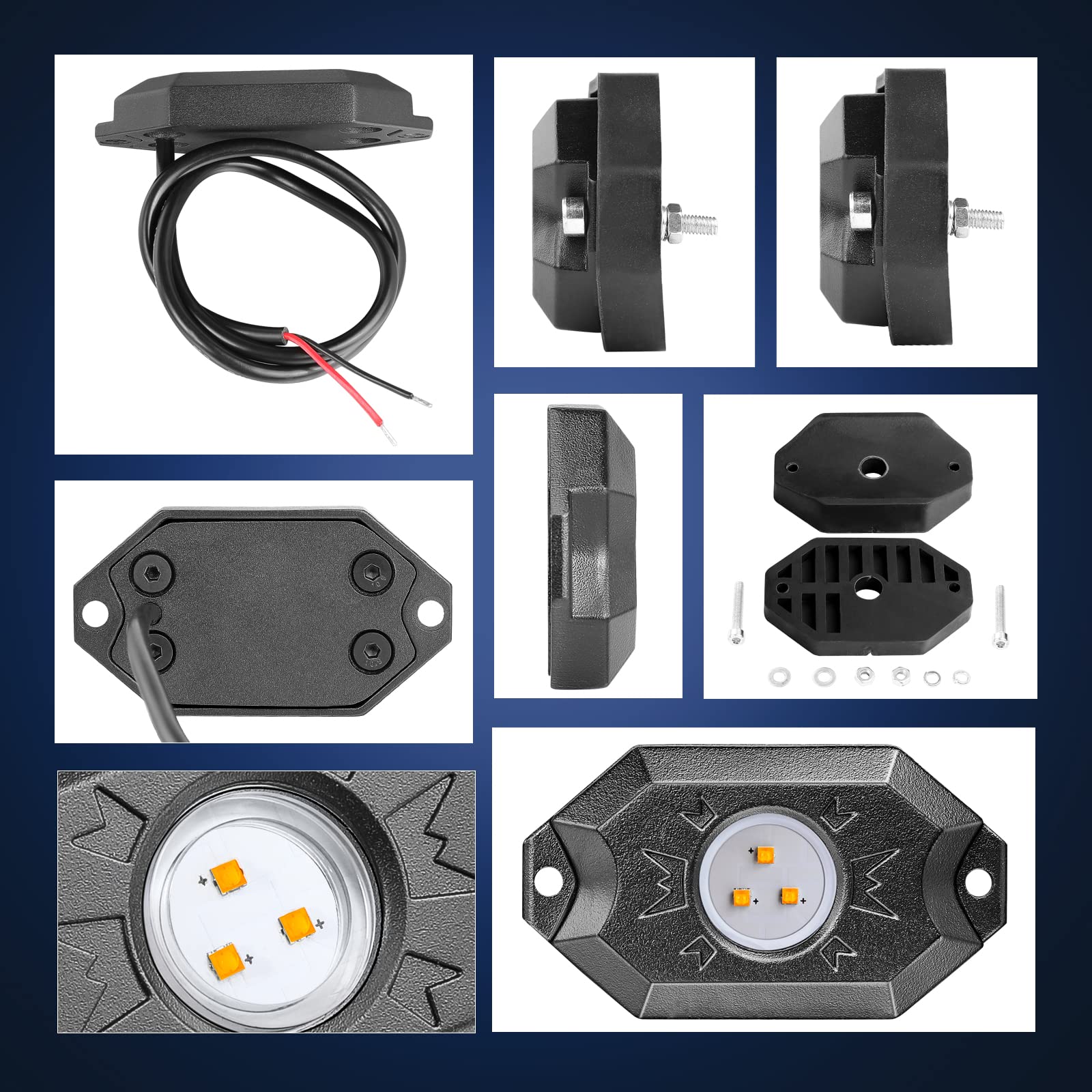 Amber LED Rock Lights Kit - 4 Pods Waterproof Yellow Neon Underglow Lights for Trucks, ATV, UTV, SUV, Car, Boat | Underbody Glow & Trail Rig Lamps for Off-Roading, Night Driving & Vehicle Customization