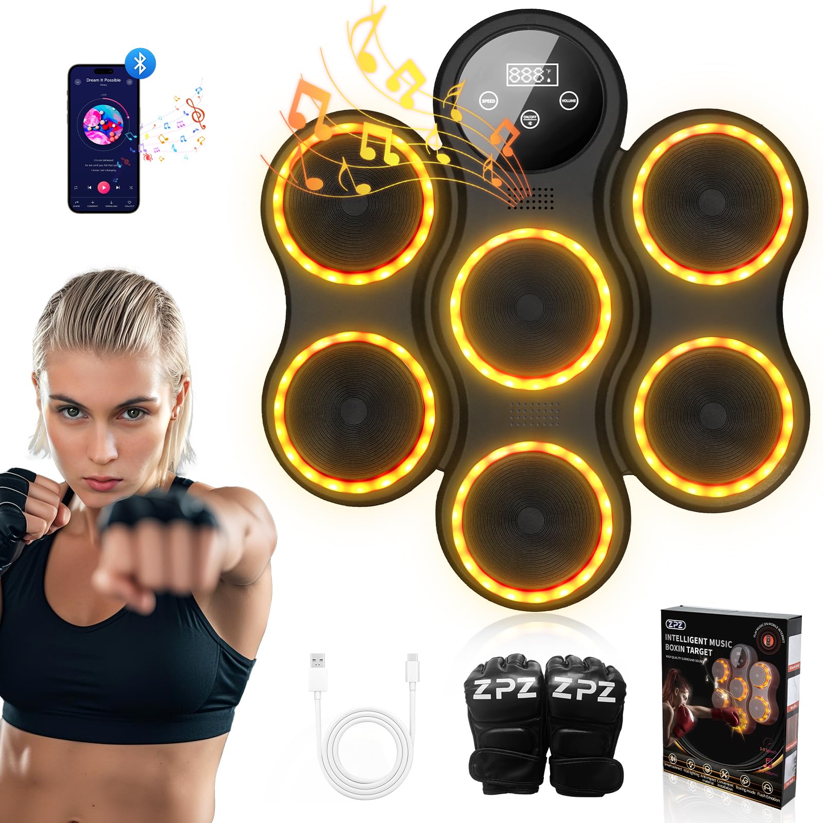 Smart Bluetooth Boxing Machine with LED Display & Gloves - Wall-Mounted Punching Pad for Music Workouts - Home Gym Equipment for Adults & Kids - Perfect for Fitness Training, Stress Relief & Cardio Workouts