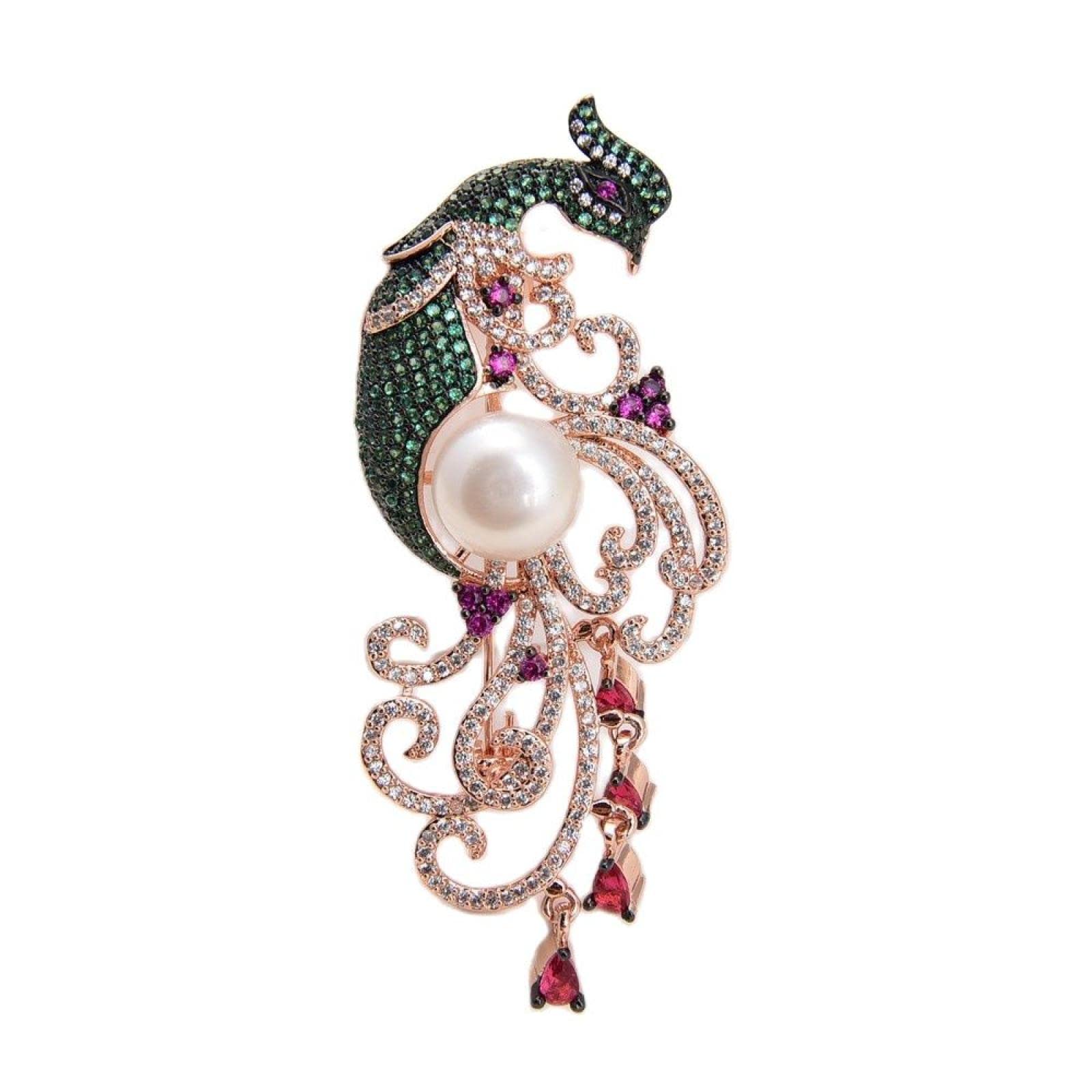 Rose Gold Plated Mixed Color Freshwater Pearl Phoenix Brooch Pin - Elegant Jewelry for Women, Vintage Accessory for Dresses, Coats & Special Occasions